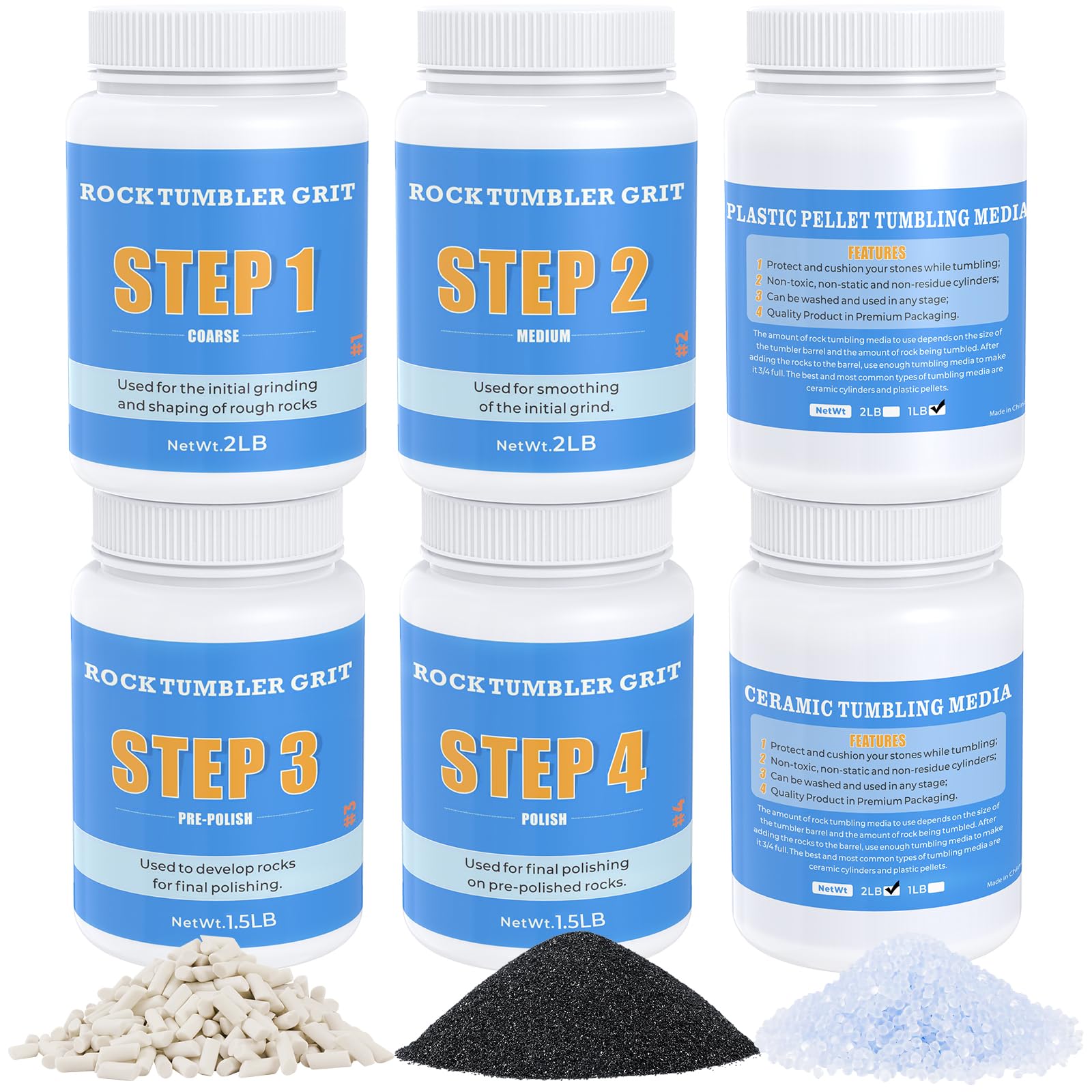 KoolStone Large Rock Tumbler Grit Kit [10 Pounds], Polish Up to [50 lbs.] of Rocks, 4 Steps Polish Refill Media Kit with [Ceramic and Plastic Pellet Tumbling Media], Compatible with Any Tumbler