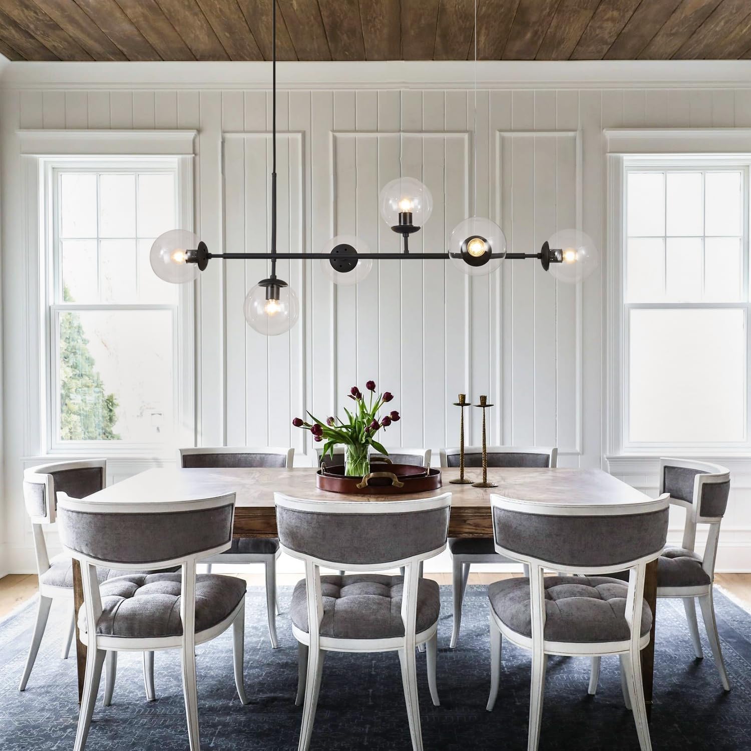 KCO Lighting 6-Light Clear Glass Globe Pendant Light Mid Century Modern Rectangular Sputnik Chandelier Vintage Black Linear Kitchen Island Pendant Lighting Dining Room (Black+Clear)