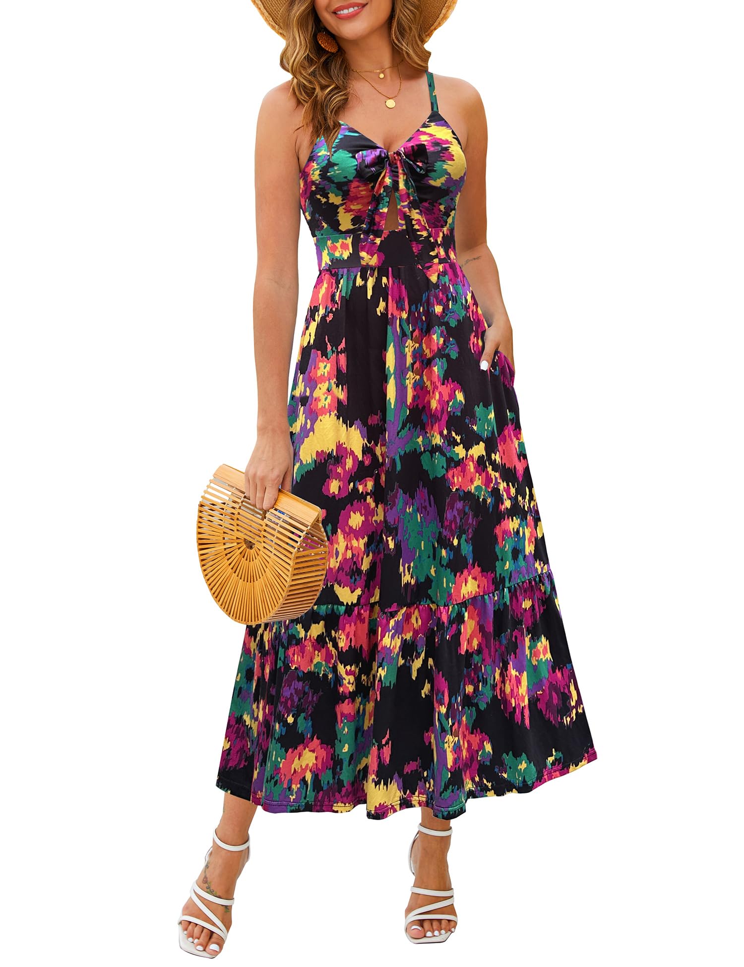 Kranda Women 2026 Summer Sundress High Waist Tie Front Spaghetti Strap Long Beach Floral Tiered Maxi Dress with Pockets
