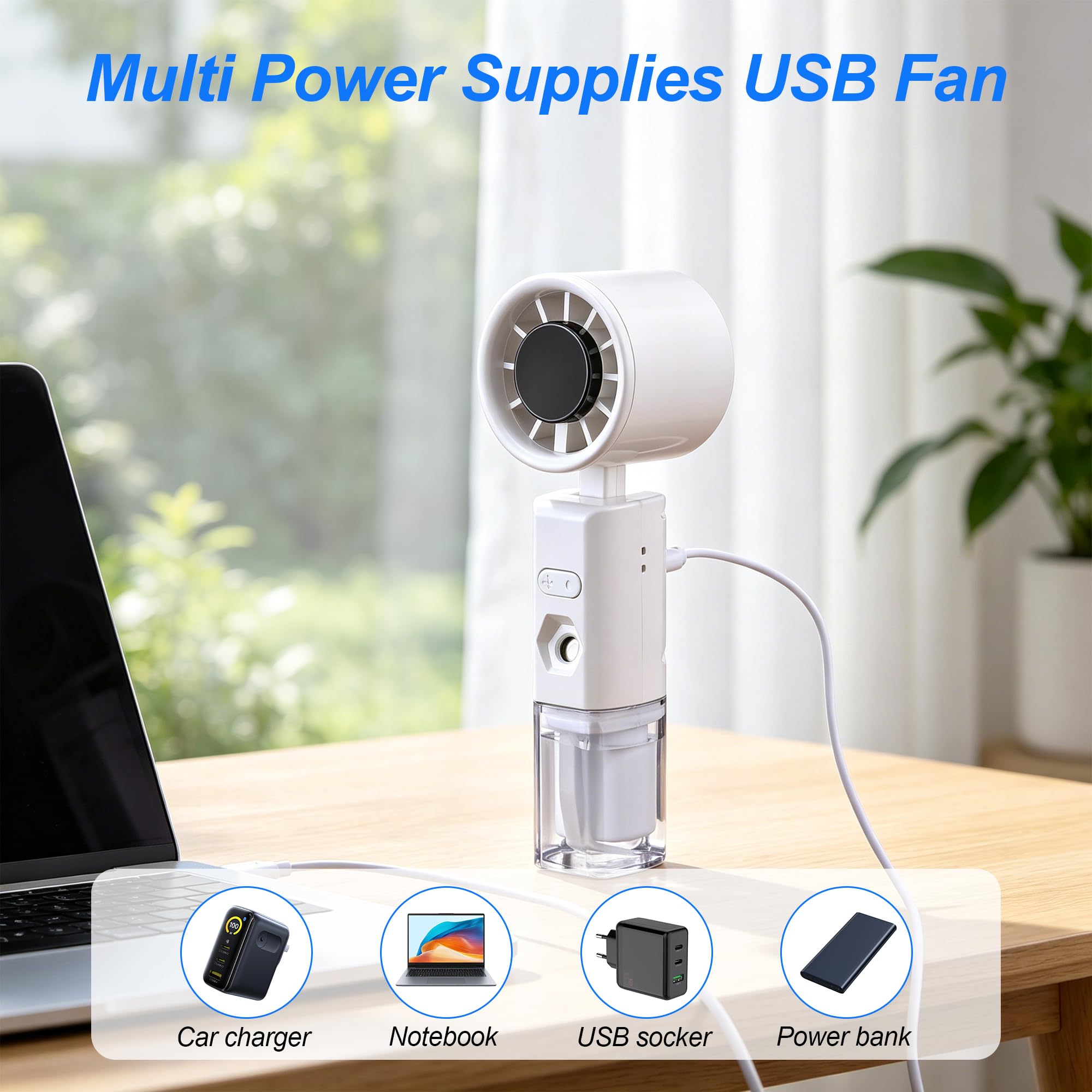 Ventilatore Portatile a Mano con Nebulizzatore, Mini Ventilatore Portatile USB Ricaricabile con 6 Velocità, Ventola da Borsetta con Spruzzo d'Acqua per Vacanze, Ufficio, Esterni, Viaggi (Bianco)