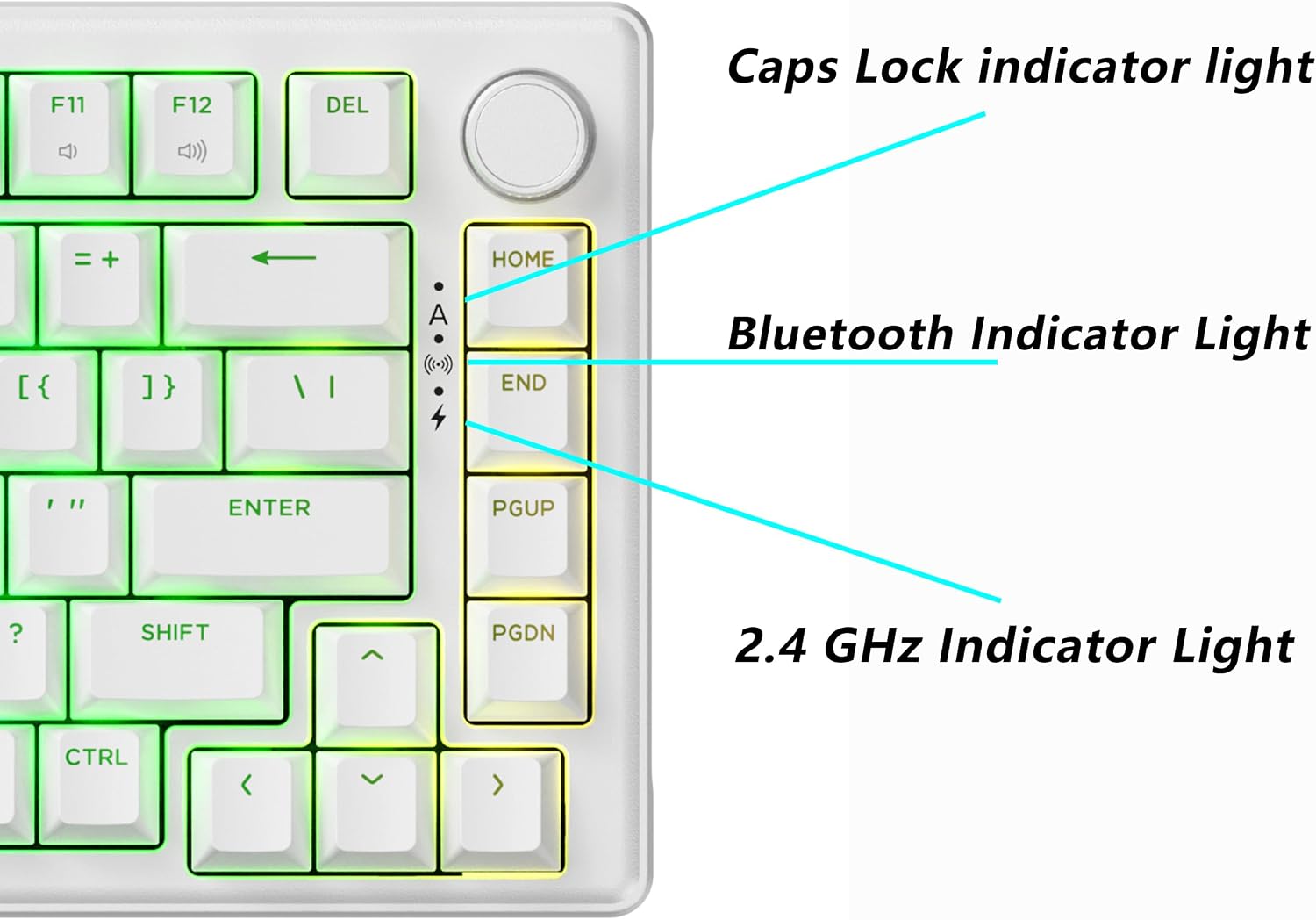 Indicator lights for Caps Lock, Bluetooth, and 2.4 GHz on JamesDonkey J2 keyboard