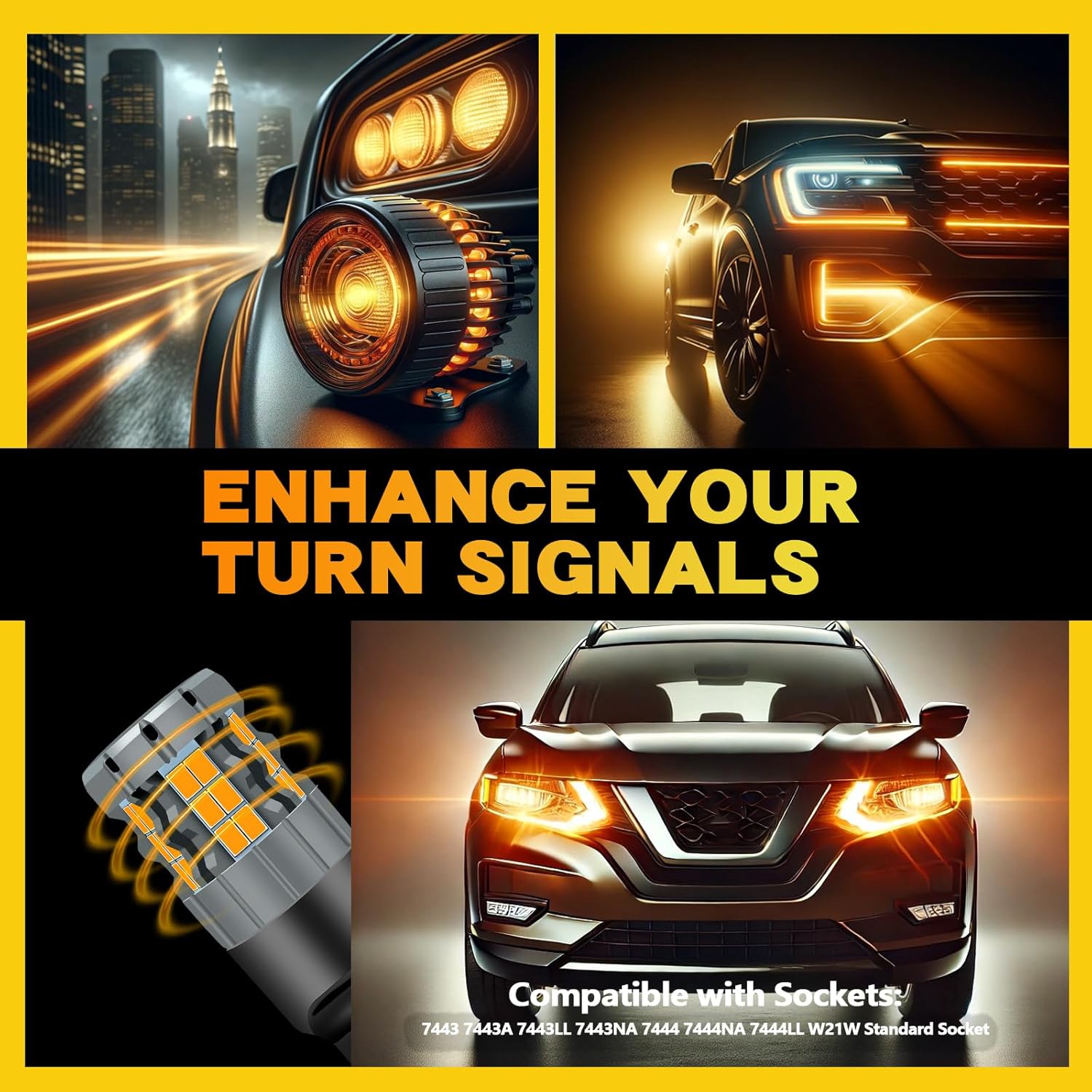 7443 LED Turn Signal Bulbs Compatible For Nissan Rogue 2014-2023 (Front), 7444 Bulb, Amber Yellow, Plug and Play, Pack of 2