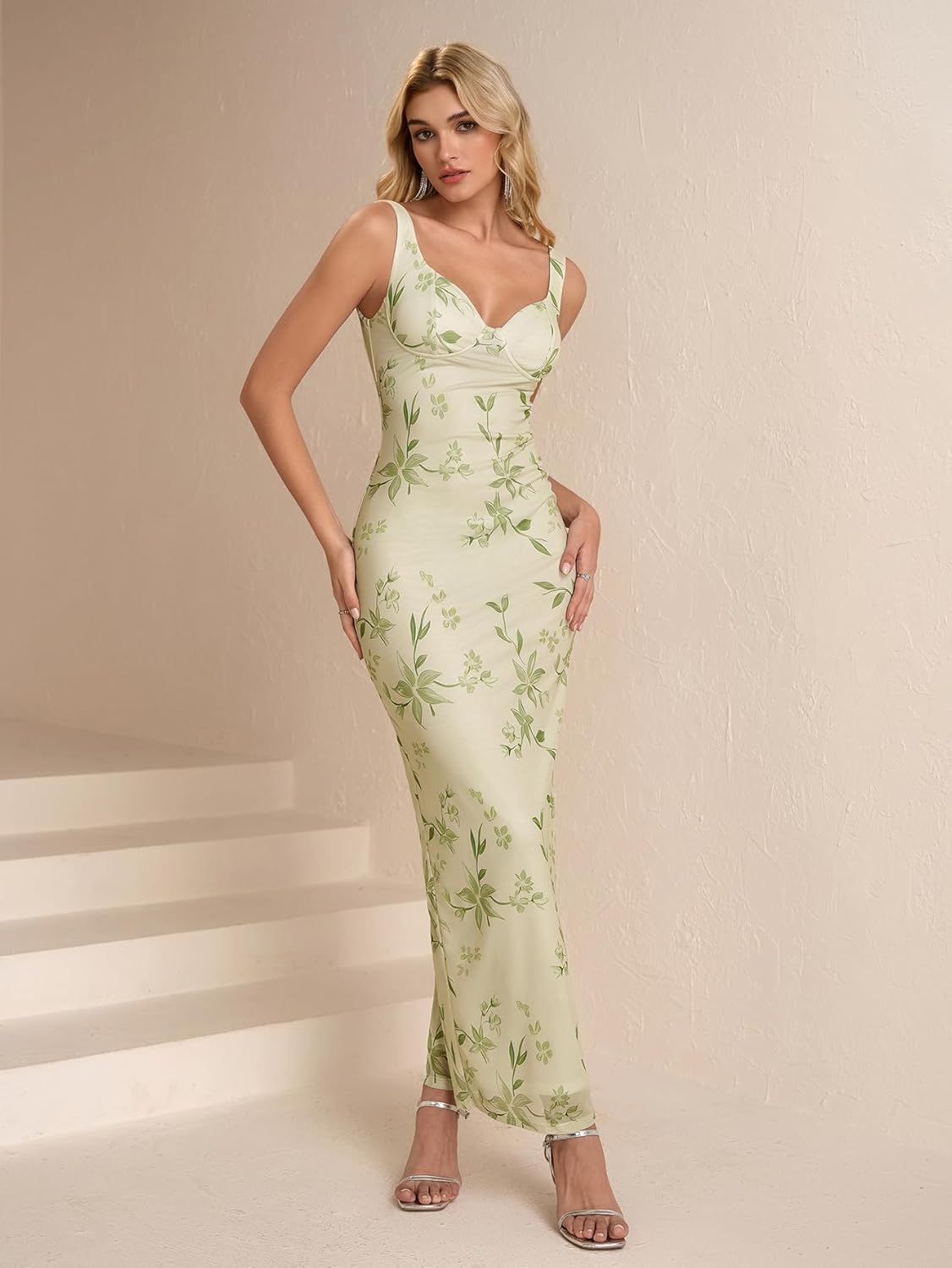 HTZMO Women Summer Floral Bodycon Maxi Dress V Neck Halter Sleeveless Casual Wedding Guest Party Elegant Long Dresses - Image 4