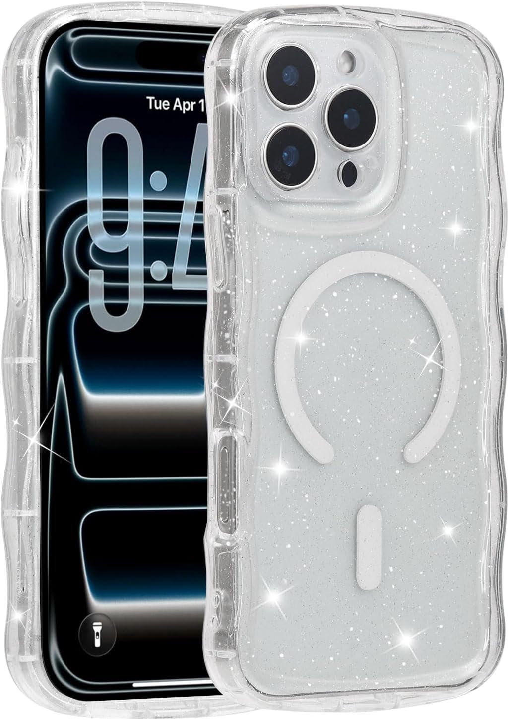 Curly Wave Glitter Magnetic Phone Case for iPhone 16 Pro Max,Cute Wavy Design Shiny Sparkle Shimmer Protective Phone Cover for Women Girl,Compatible with MagSafe,Glitter/Clear