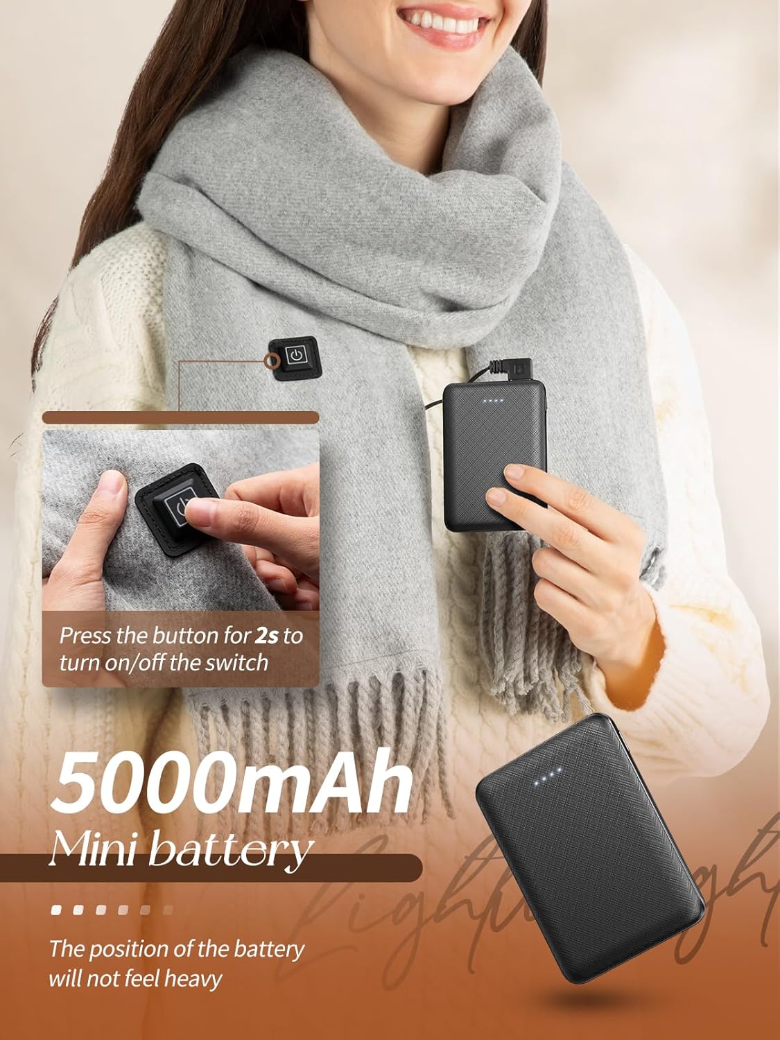 Eventek Heated Scarf for Men/Women with 5000mAh Battery, 3 Temperature Settings Battery Operated Heater for Winter - Image 3