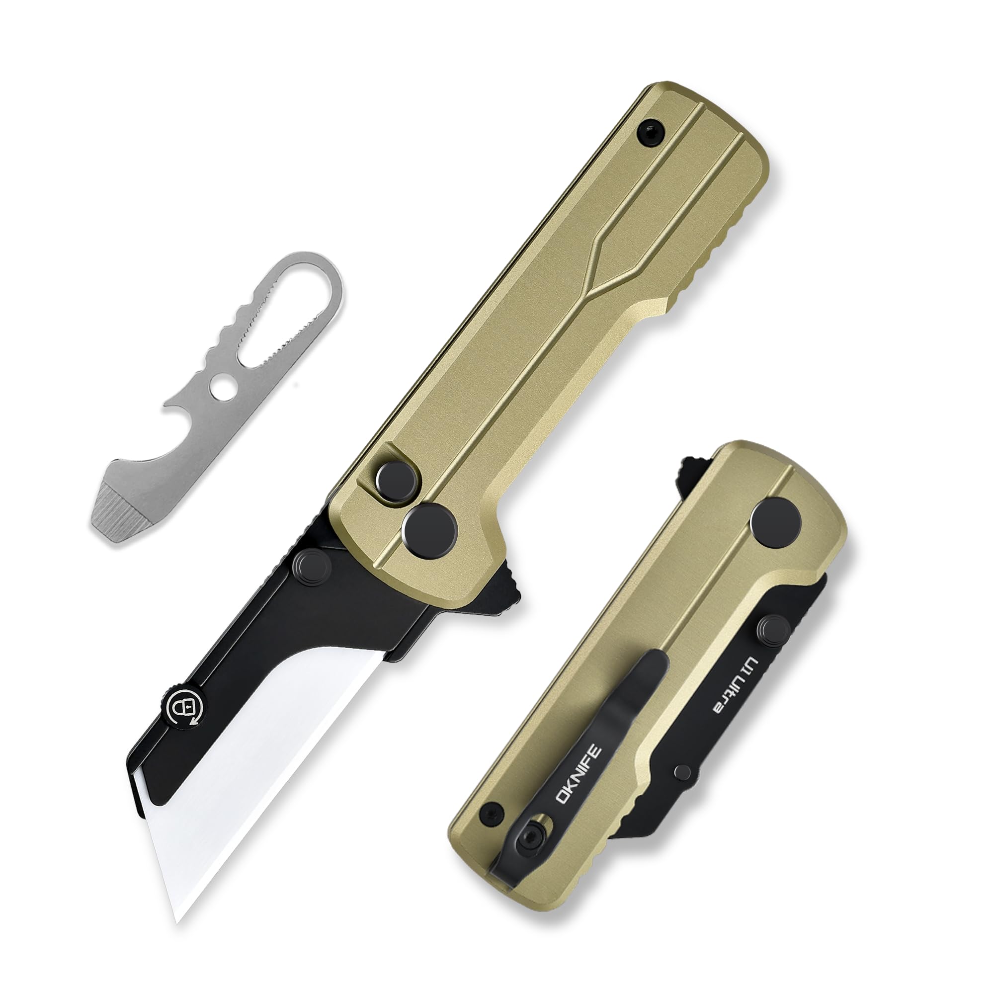 OKNIFE U1 Ultra Pocket Folding Utility Knife with Ceramic Blade, Lightweight O-Aluminum Handle Box Cutter with Clip, Button Lock Pocket Knife for Men Women (Olive Green)