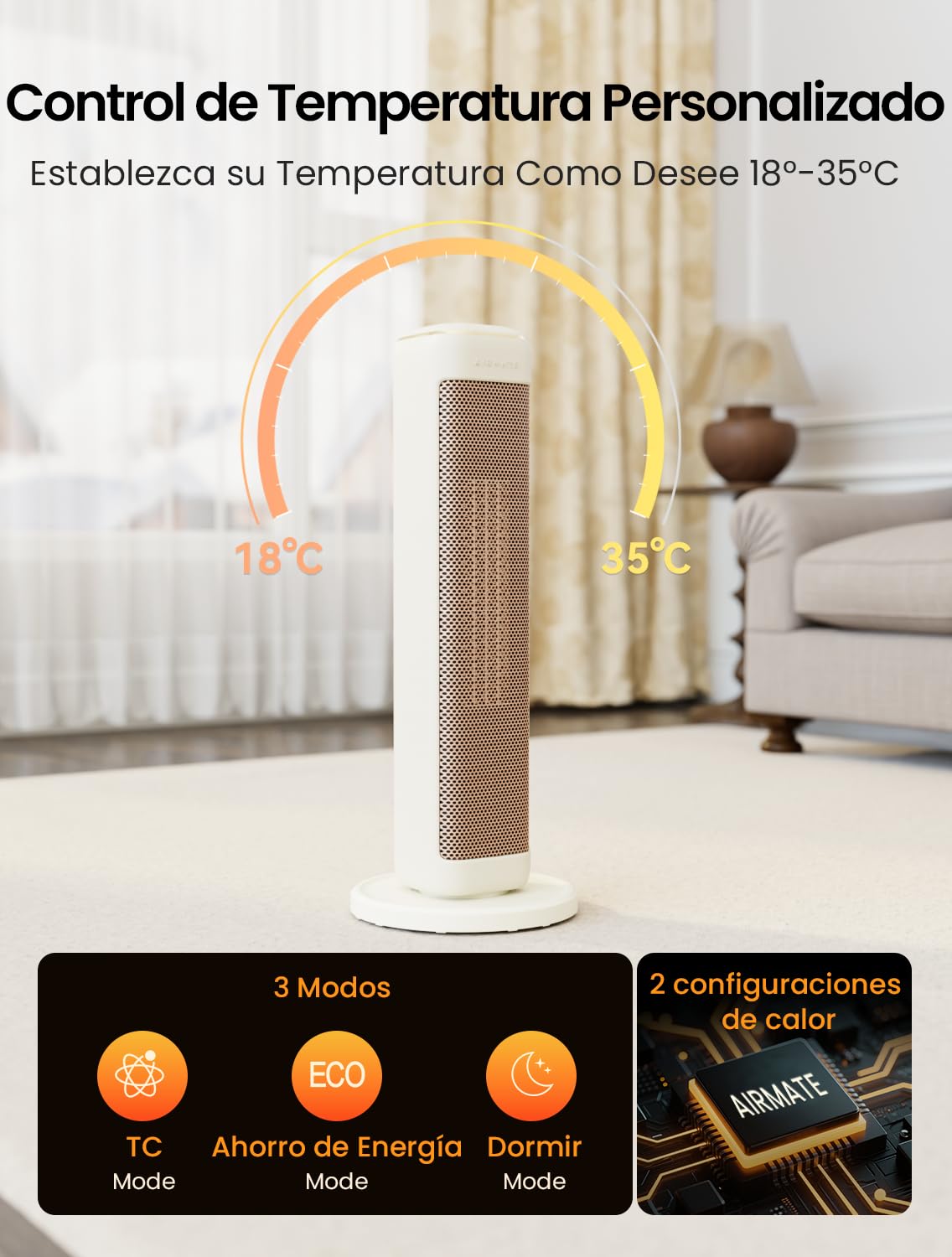 AIRMATE 2000W Calefactor Bajo Consumo, 63cm Torre Calefactor Electrico Bajo Consumo con Oscilación 80° 24H Heater Protección Sobrecalentamiento y Vuelco Calefactor Ceramico Eléctrico Dormitorios