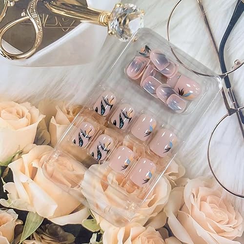 Miniatura 6 de Uñas postizas cuadradas cortas a presión de otoño, uñas postizas cuadradas de cobertura completa, uñas postizas acrílicas nude, brillantes,