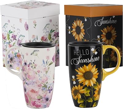 Ceramic Mug Travel Coffee Cup with Lid for Home & Office, 17oz. Porcelain Tall Tea Cup with Handle, Pink & White Flower Mug Art Pattern in Color Box, 6.5" H Set of 2
