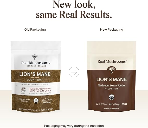 Real Mushrooms Lions Mane Mushroom Supplement - Organic Lions Mane Extract Powder for Overall Wellness with Adaptogens Functional Vegan, Non-GMO Blend with 60 Servings