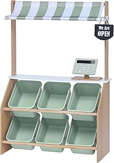 Teamson Kids Little Helper Wooden Farmer's Market Stand with Pretend Cash Register and 6 Plastic Storage Bins, Green, TD-13638A-AMZ