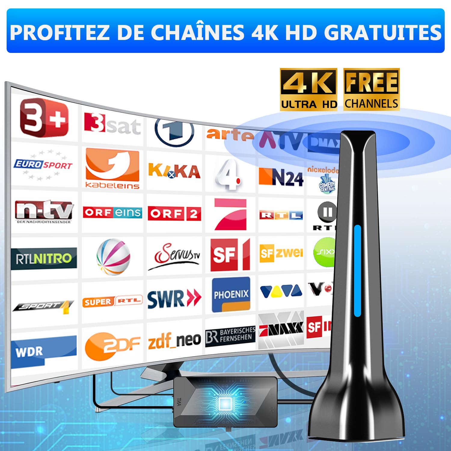 Antenne Magnétique Intérieur Extérieur Antenne TV Intérieure Amplifiée 2025 - Portée 420km, Base Magnétique - Réception TNT HD 4K Réception 360° Chaînes Gratuites