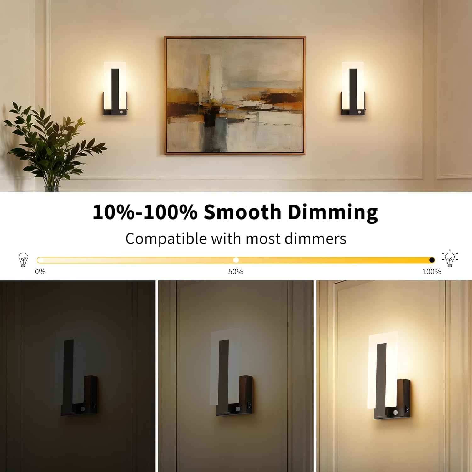 Joosenhouse Wall Sconces Set of Two Hardwired, Motion Sensor Wall Lights for Bedroom Living Room Hallway, TRIAC Dimmable 3000K Warm White, Modern Black Metal Acrylic Wall Lamp Fixtures