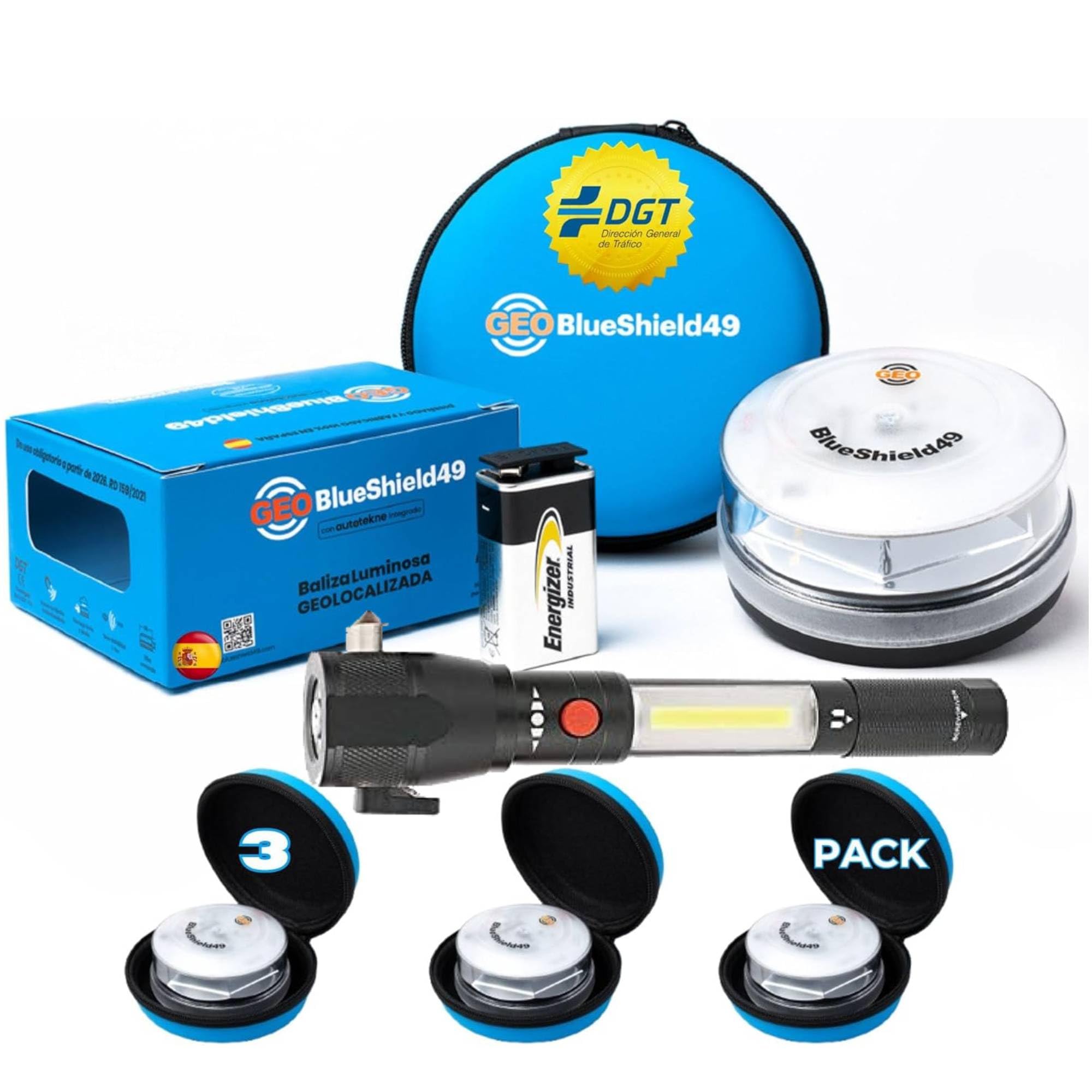 GeoBlueShield49/Garza 3 Lues Emergencia Coche Homologadas DGT v16 3.0 y Estuche I Batería Energizer 9V I Obligatoria en 2026 I Conectividad IoT hasta 2038 I Baliza 3uds + Estuche + Linterna