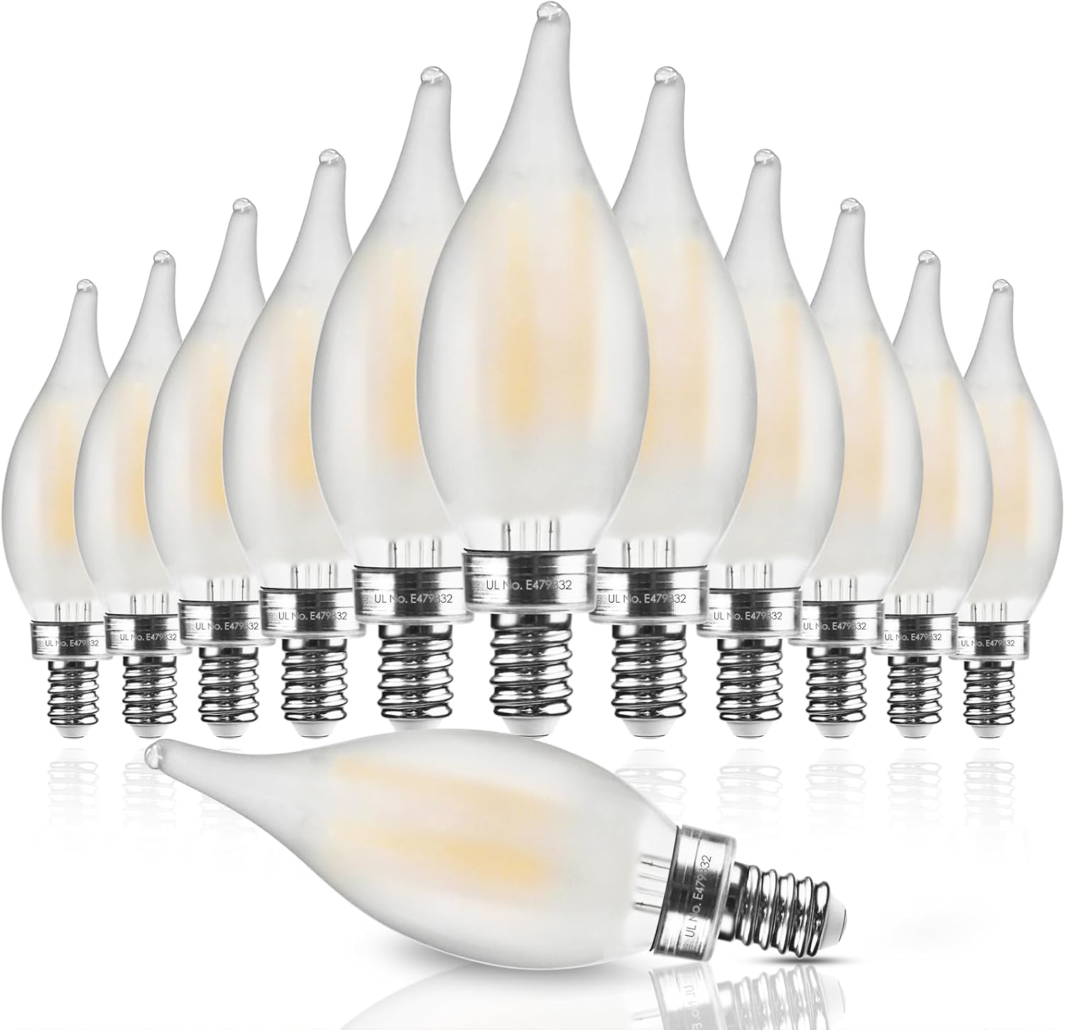 Hizashi Frosted Candelabra Light Bulbs 60 watt LED Dimmable, E12 Candelabra Bulb 2700K Soft White, Flame Tip CA11, Chandelier Light Bulbs 90+CRI, 550LM, UL Listed, 12 Pack