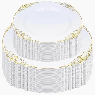 102 Pack White Gold Plastic Plates, Disposable & Heavy Duty 10.25 inch Dinner Plate and 7.5 inch Dessert Plate Dinnerware Set for Wedding, Baby Shower, Party & More