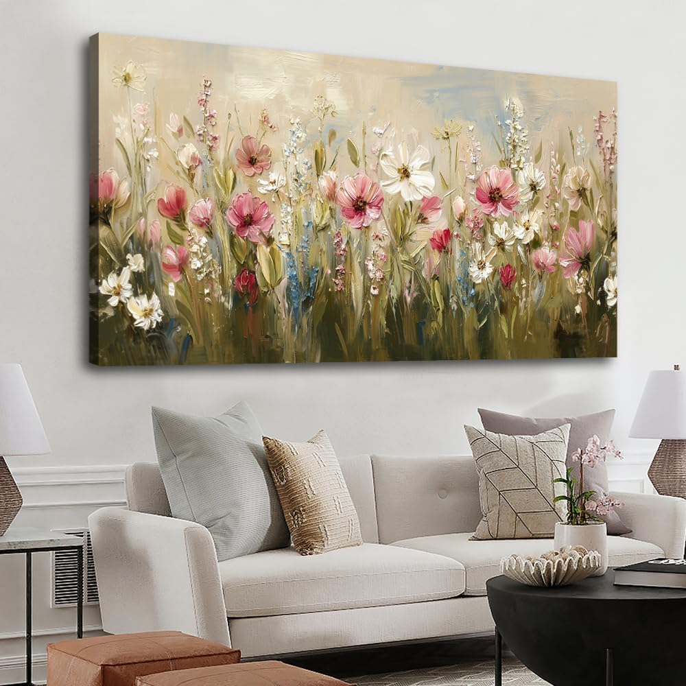 BewDalky Pink White Flower Canvas Wall Art for Living Room, Farmhouse Nature Floral Botanical Poster Prints Artwork, Vintage Wildflower Pictures Oil Painting Bedroom Bathroom Decor Aesthetic 20" x 40"