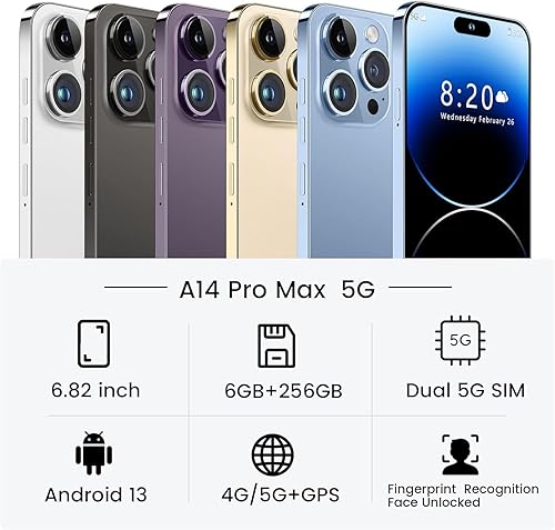 Miniatura 2 de SANSHREUNI Teléfono celular desbloqueado A14 Pro Max, 6 GB+256 GB Android 13 teléfonos desbloqueados, pantalla FHD+ de 6.82 pulgadas, teléfono