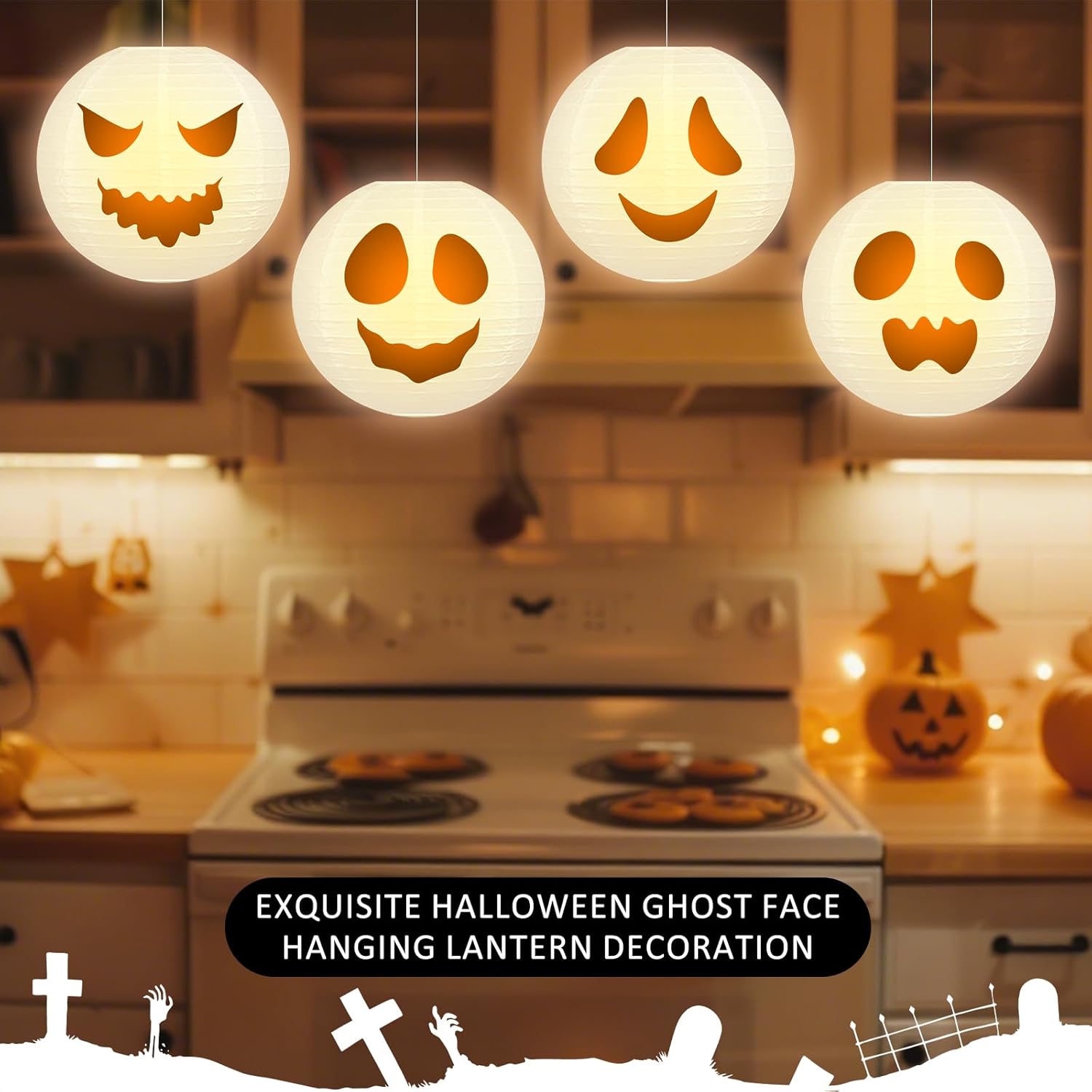 Glooglitter 8 Pcs Halloween Ghost Lanterns Light up Ghost Decor 8 Inch Fabric Halloween Lanterns Outdoor Indoor Decorations for Holiday Party Yards Porches Gardens Home Lawn