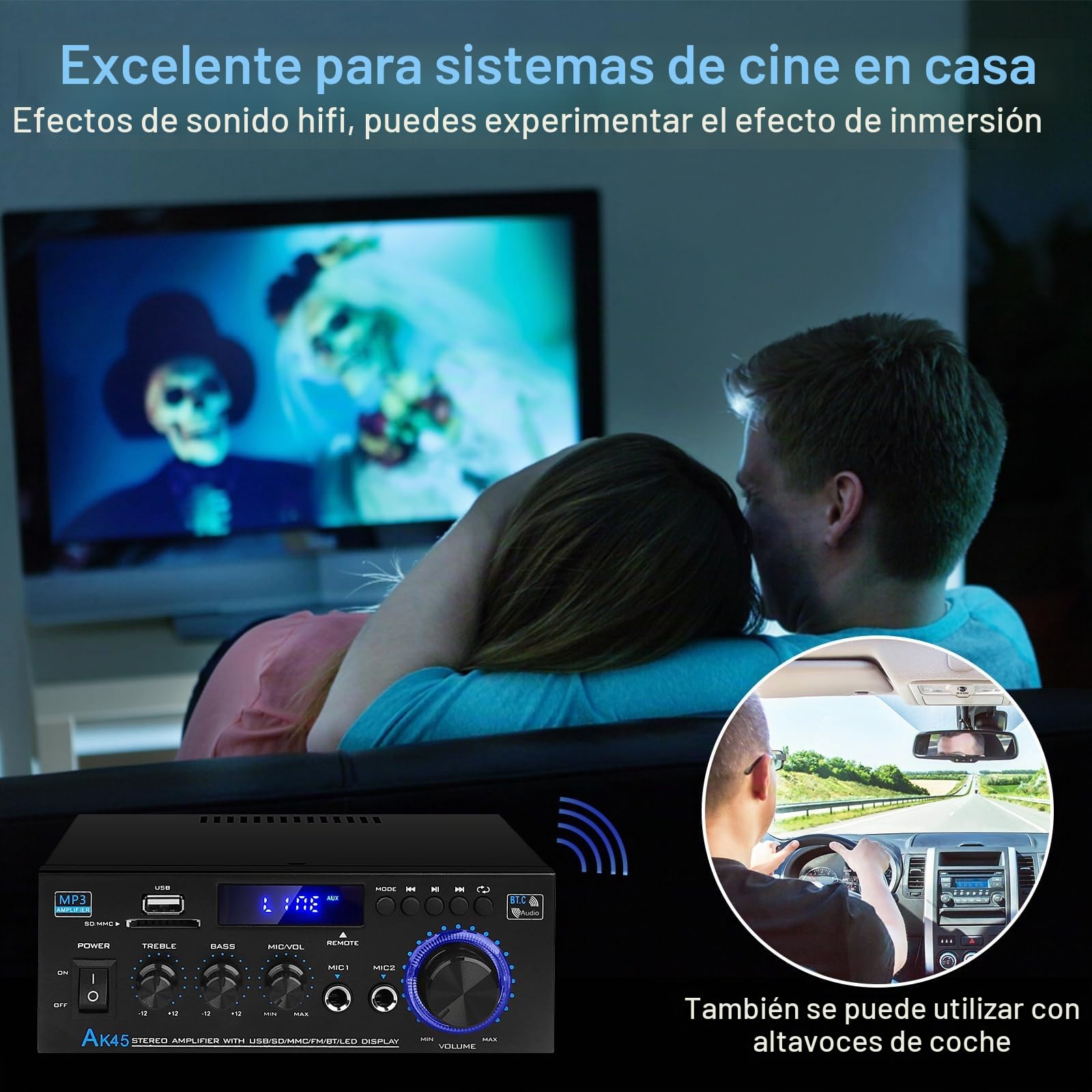 Amplificador de Audio HiFi Siekkey con Bluetooth, Mini Amplificador Estéreo 2.0 Canales 400W X 2, Radio FM, BT, Mic, Entrada SD/USB, Cable de Audio para Home Cinema | Amplificador 2.0 canales 400W x 2 con radio FM, BT MIC, entrada SD/USB, cable de audio p