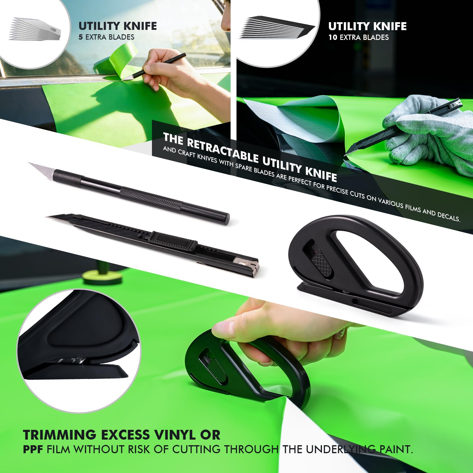 FOSHIO Kit d'outils en vinyle sans couteau de 50 m pour voiture - Contient 4 aimants pour enroulement de voiture, micro raclette, grattoir, raclette en feutre, gants, raclette, cutter pour film teinté
