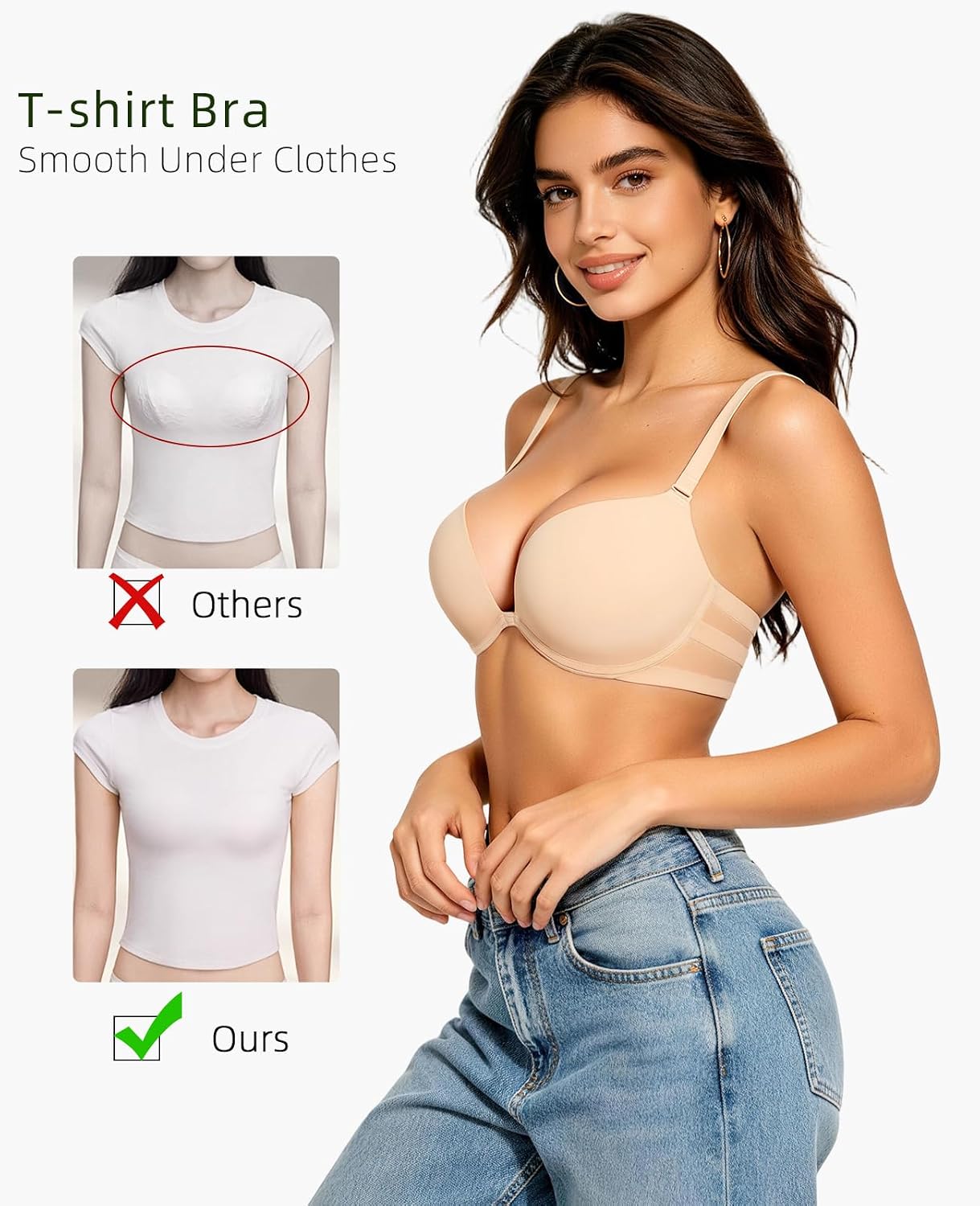 Push Up Padded Bras for Women Plunge Underwire T-Shirt Bra Add 1 Cup for Small Breasts