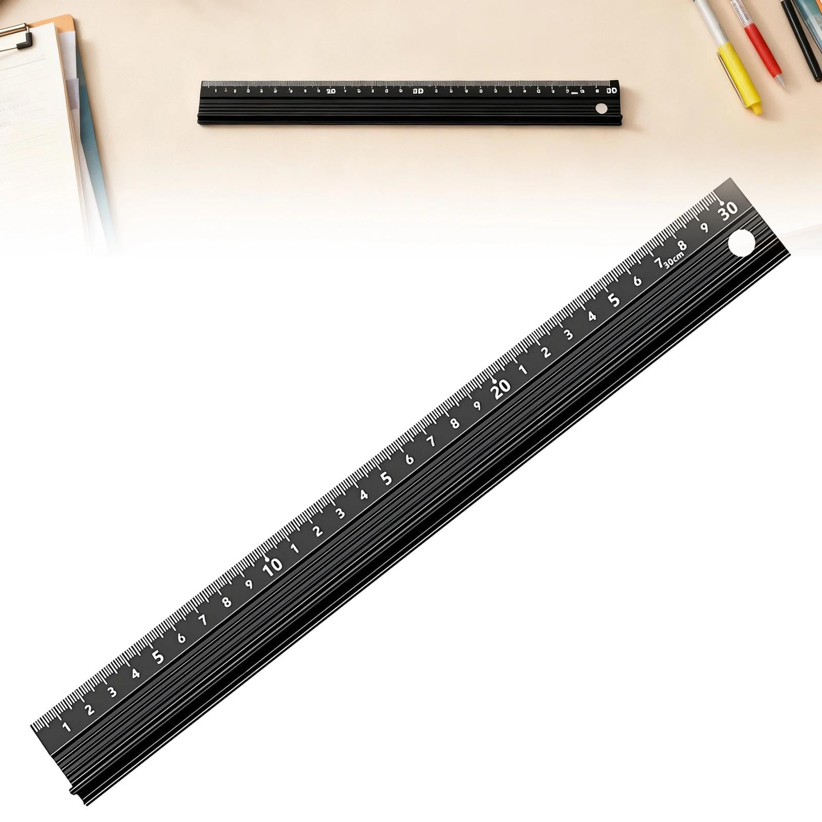 30cm Black Aluminium Cutting Ruler, with Raised Grip, Metal Safety Ruler, Multifunctional Precision Metal Safety Rulers, for Length Measurement
