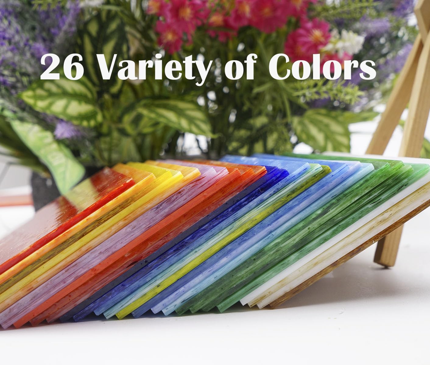 Lanyani 26 Sheets Colorful Vibrant Stained Glass Sheets Variety Assortment Pack, Opaque Mosaic Art Glass Panel Packs for Stain Glass Crafts DIY Projects,4x6 inches