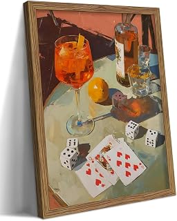 Framed Cocktail Bar Wall Art, Vintage Dice And Poker Canvas Wall Decor Painting, Whiskey Liquor Bar Still Life Artwork Poster Print Picture for Men Game Room Kitchen Dining Room Home Decor 12x16 Inch