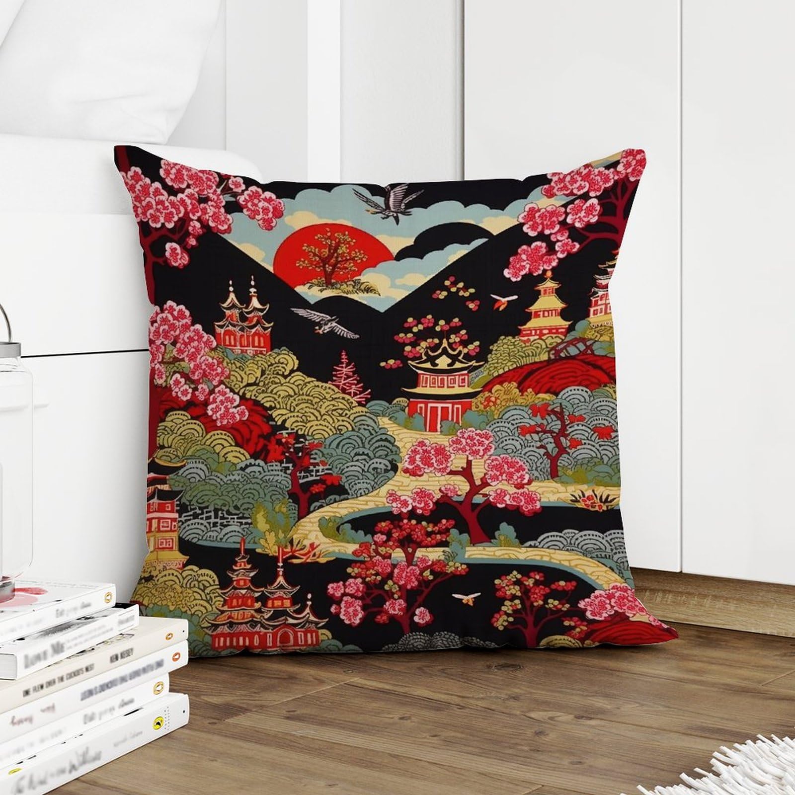 COVOME Chinoiserie Charcoal Coral Pagoda Asian Outdoor Pillow Cover Chinoiserie Chic Asian Throw Pillow Cover Accent Waterproof Pillowcase for Couch Garden Tent Balcony 20x20 in