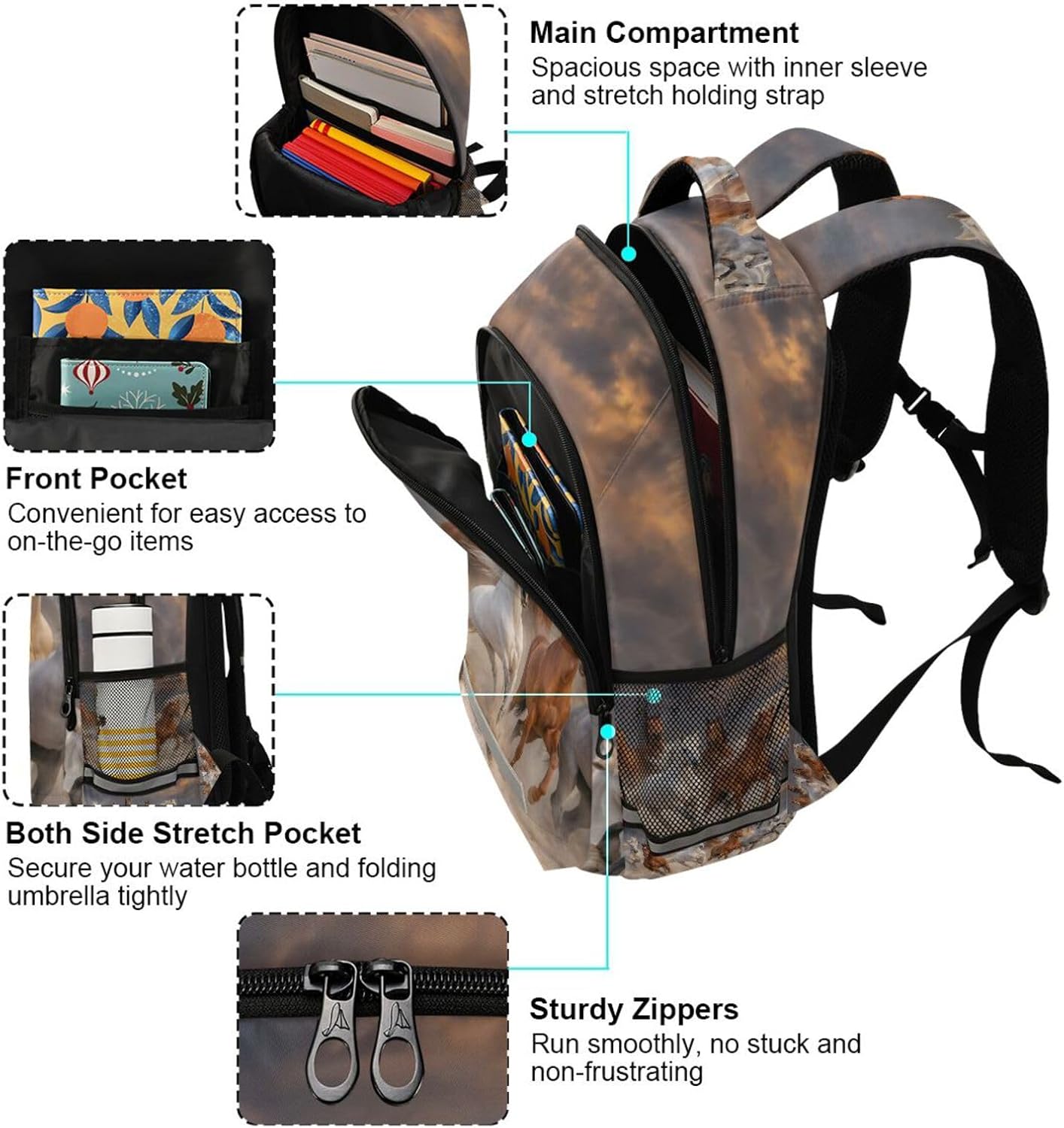 Horse Backpack for Girls Backpacks for Elementary Western Desert Horses School Bag Back Pack Kids Bookbag College Travel Laptop Daypack Casual Rucksack