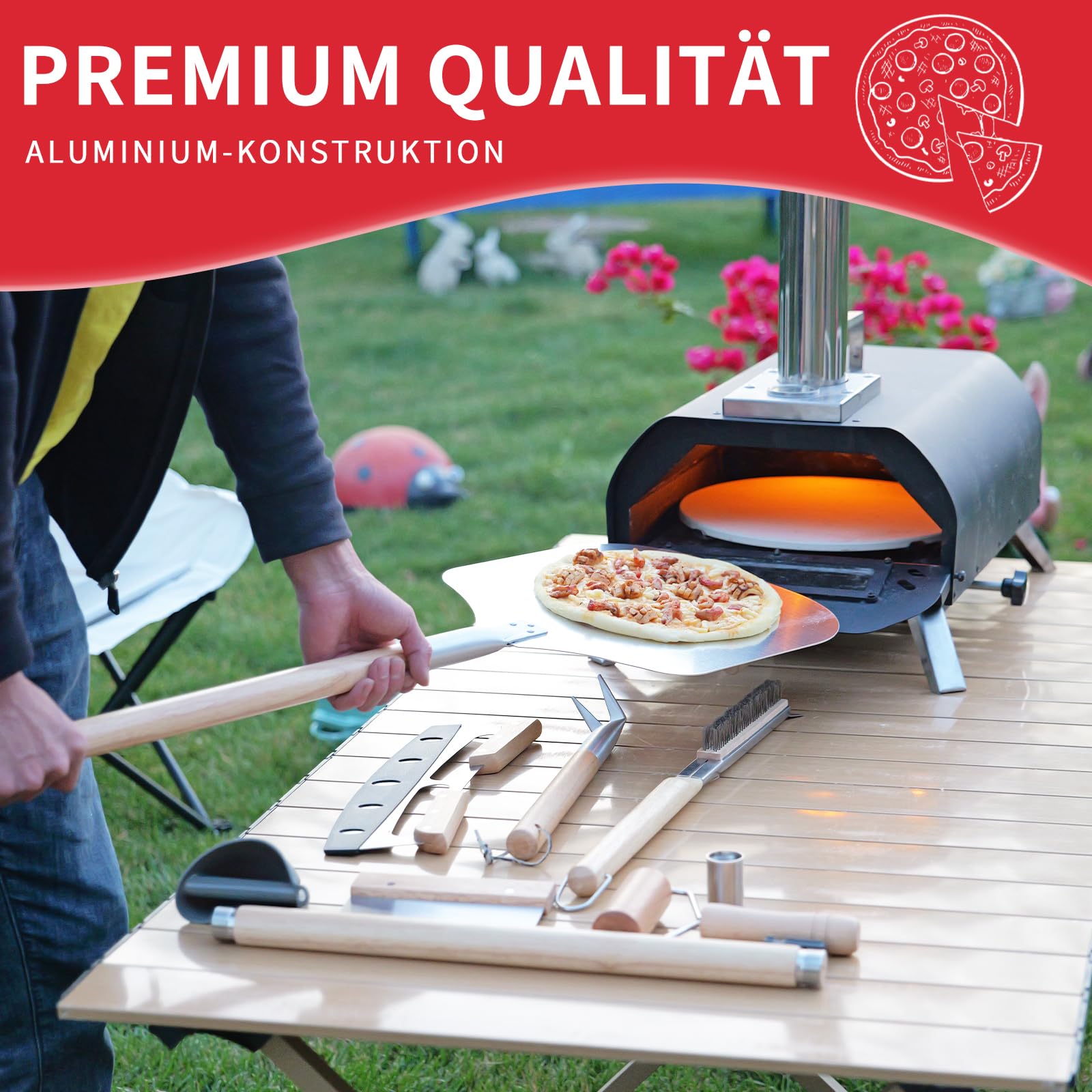 7tlg Pizza Schieber Set, Pizzaofen-Zubehörset, Premium Pizzazubereitungsset für Heim und Außenöfen, inkl. 12 Zoll Pizzaschieber, Ofenbürste, Bubble-Popper, Wippschneider, Teigrolle und Schaber
