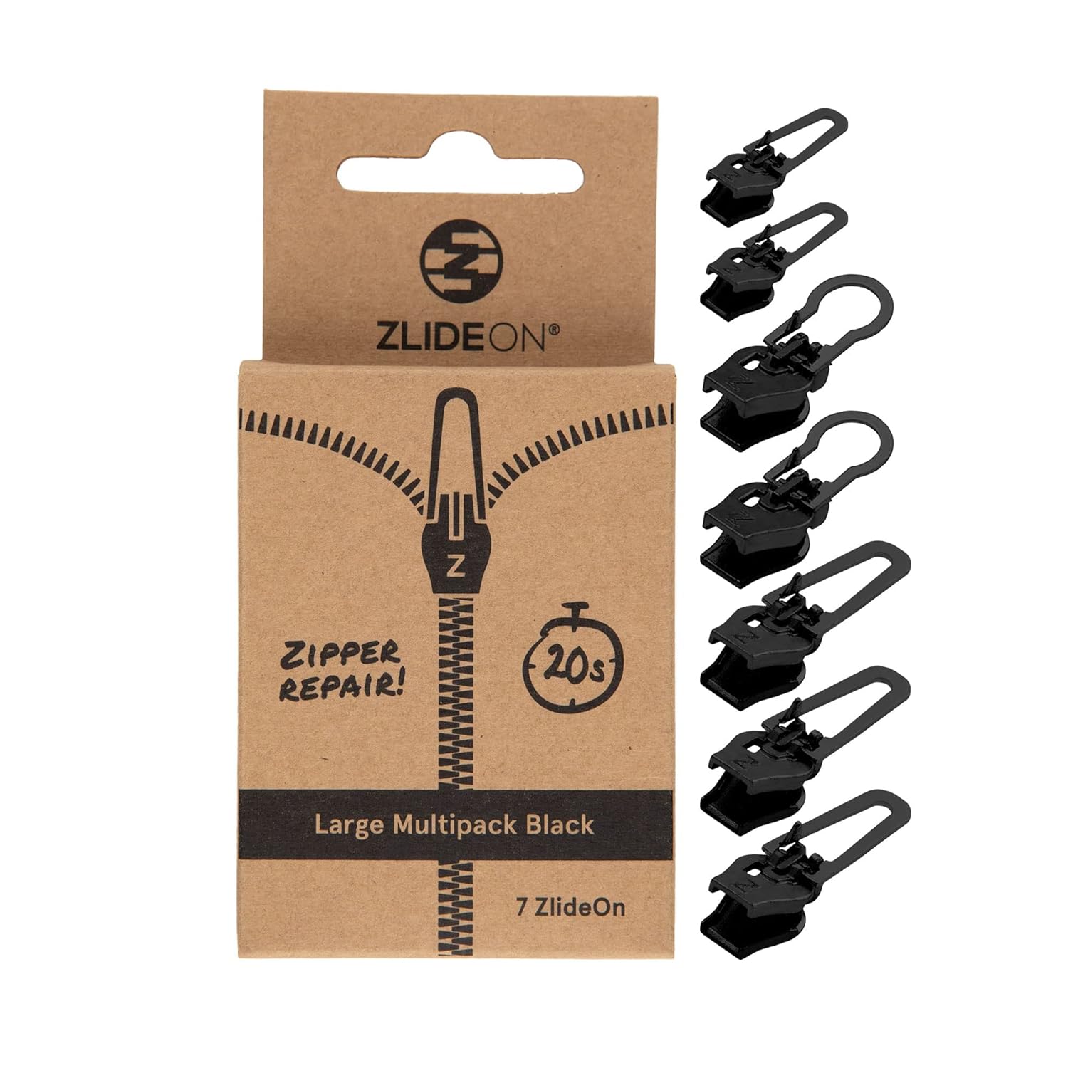 ZlideOn Zipper Pull Replacement 7pcs, Black, Large Instant Zipper