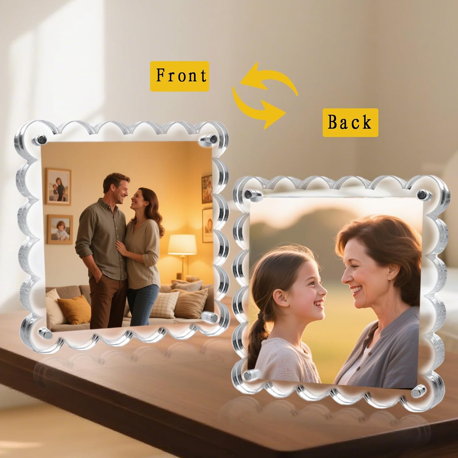 4x4inch Acrylic Scalloped Picture Frames 3 Pack, 10mm+10mm Thick Magnetic Free-Standing Clear Photo Frame,Frameless Artistic Frame for Desktop Tabletop,Gift Use. (Transparent, 4X4)