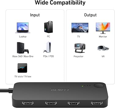 BENFEI HDMI Switch 4 in 1 Out 4K@60Hz, 2K@144Hz, HDCP 2.3 with Adaptive Equalization Support 10M HDMI Transmit Compatible for PS5/4, Xbox, Roku, FireStick, Switch