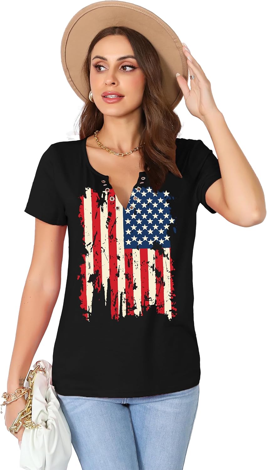 American Flag Shirt Tops Womens 4th of July T-Shirts Ring Hole Short Sleeve Sexy V-Neck Patriotic Tees - Image 3