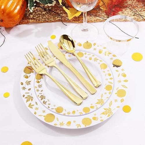 Miniatura 6 de WDF 150 platos de Acción de Gracias, cubiertos de plástico dorado, juegos de vajilla para 30 invitados incluyen 30 platos llanos, 30 platos de