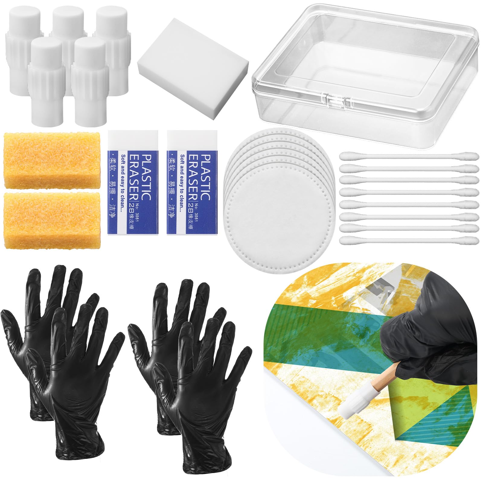 Honoson 8 Pcs Comic Book Dry Cleaning Kit Includes Magic Sponge Erase, Erasers, Gloves, Cotton Pad and Swab Set with Storage Box Drafting Cleans Tools
