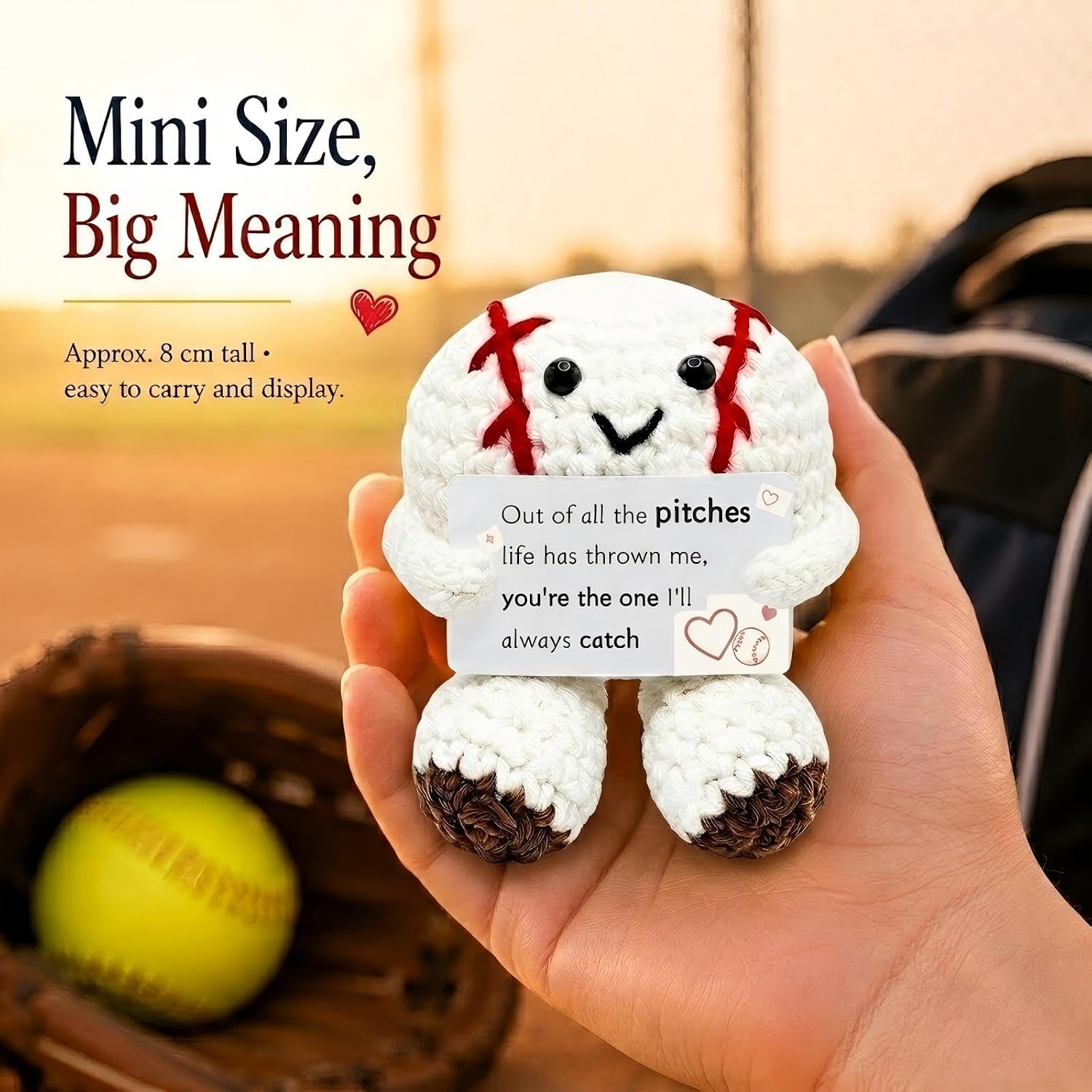 Crochet Baseball Romantic Keepsake Figurine with Love Card — Handmade Valentine Gift for Him Her, Boyfriend Girlfriend Anniversary Collectible Desk Decor (Romantic 01)