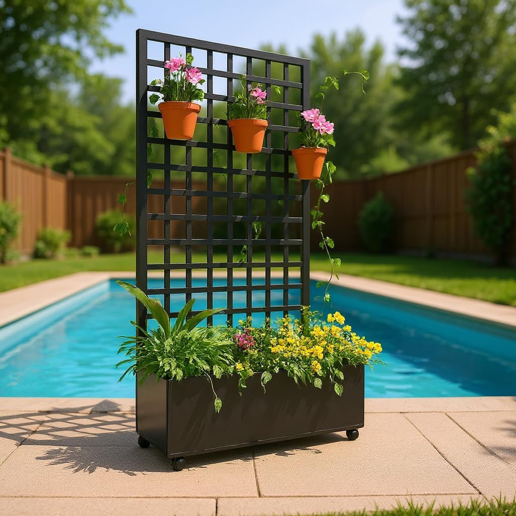 Metal Raised Garden Bed with Trellis and Wheels, 72"x47" Planter Box for Climbing Plants, Vegetables & Vines, Features Drainage Holes and Privacy Screen