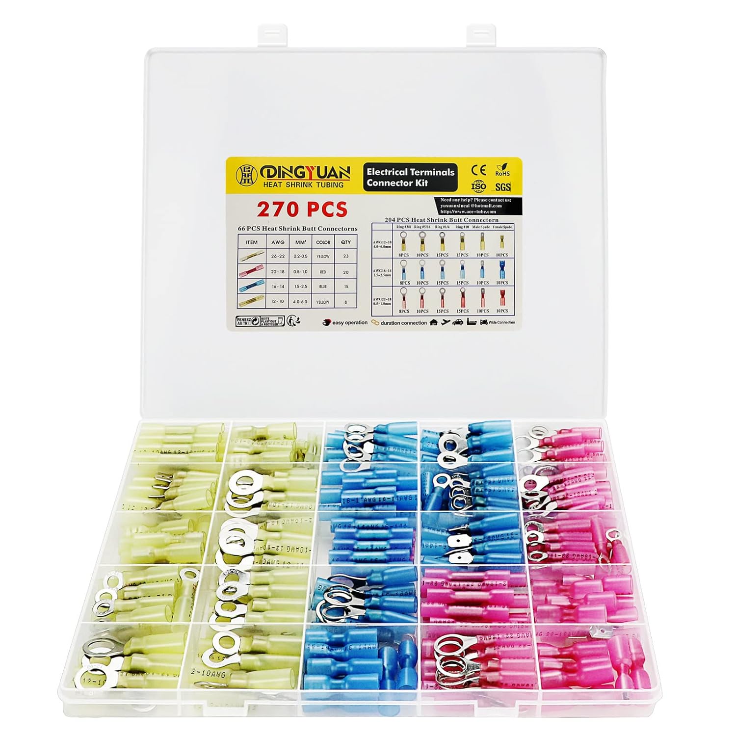 270PCS Heat Shrink Wire Connectors Kit, Waterproof Insulated Electrical Ring Spade Terminals - Quick Disconnect Wire Connectors for Automotive, Marine, Motorcycle - 26-10 AWG