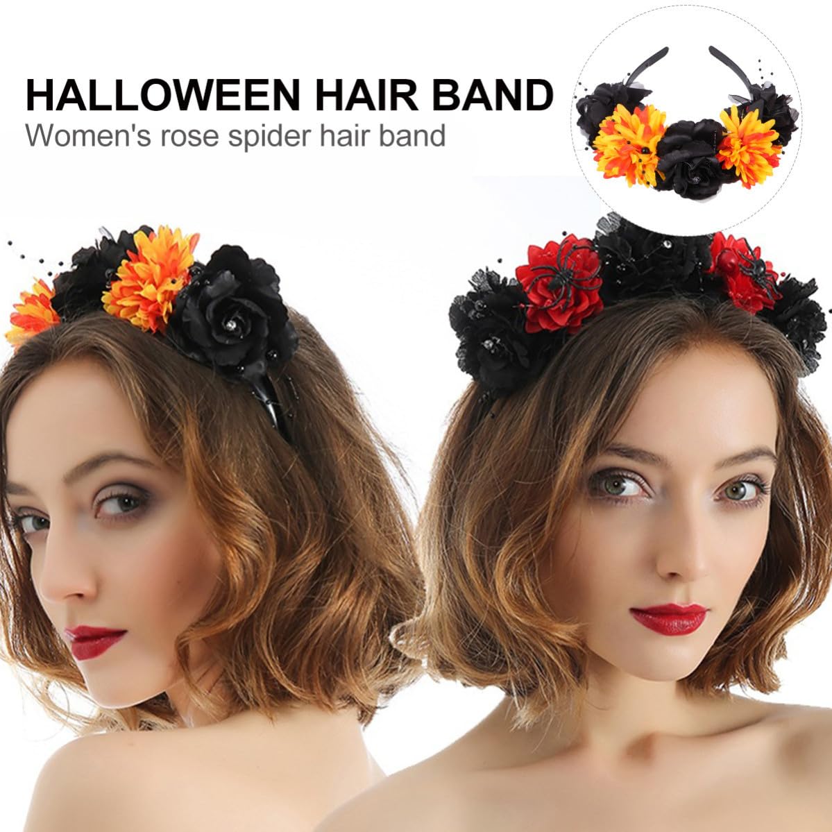 Hairband and Creative Spider Design Halloween Floral for Women with Simulated Orange Silk Flowers Comfortable to Wear Headband and Festive Halloween for Memorable Photo Props