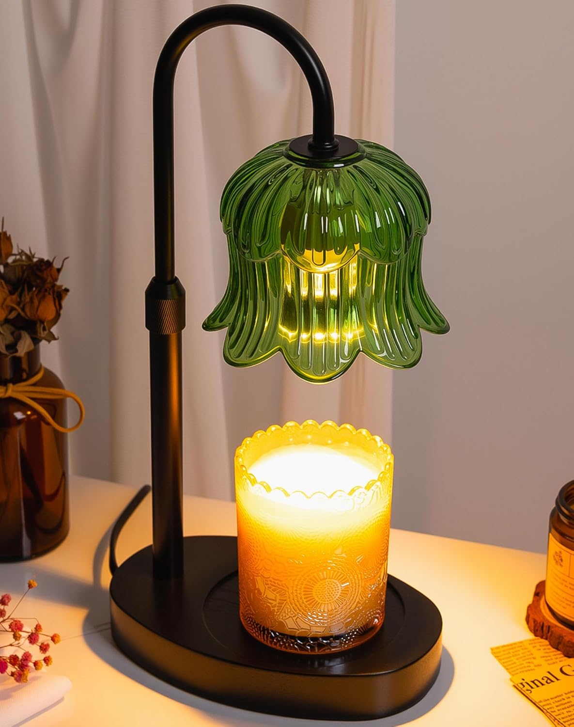 Adjustable Candle Warmer Lamp with Timer - Green Lampshade + Black Base