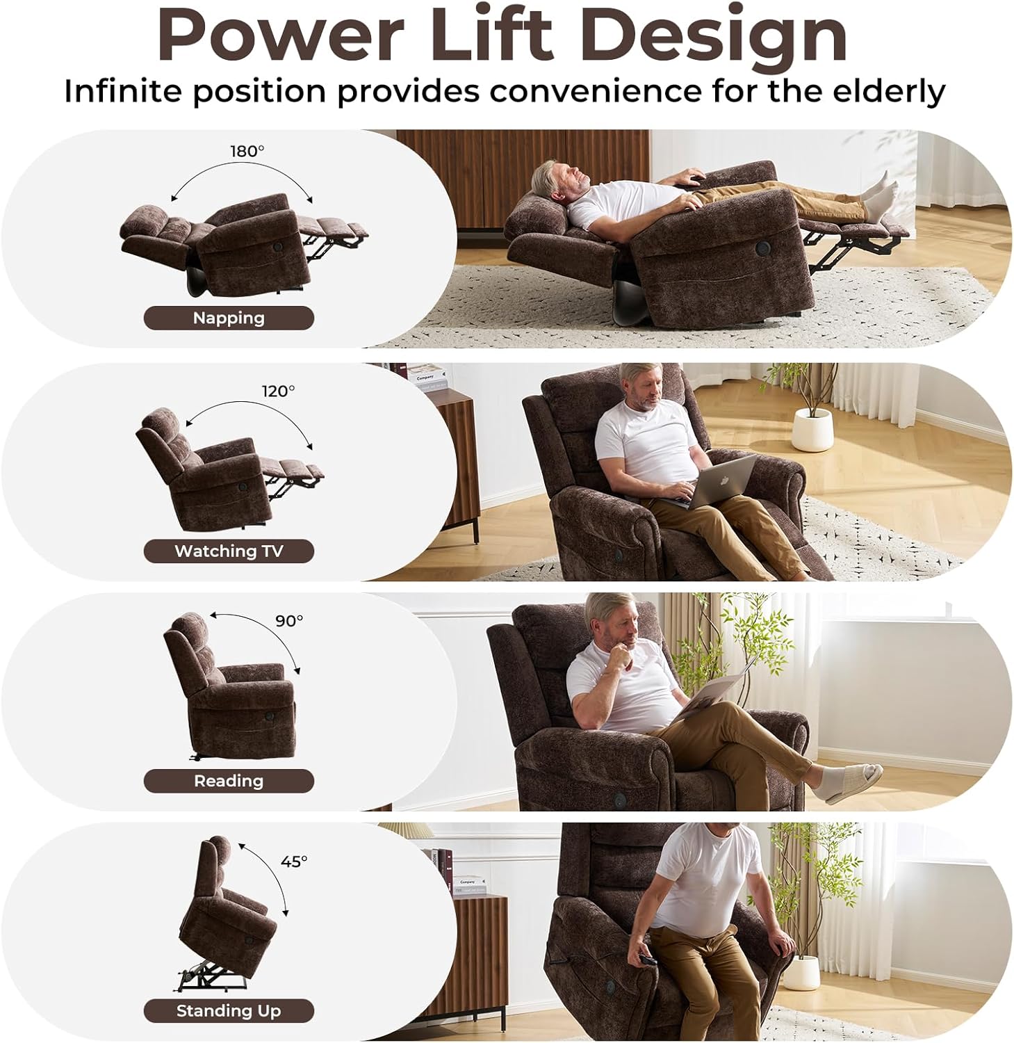 Diagram showing various recline positions: napping, watching TV, reading, and standing up