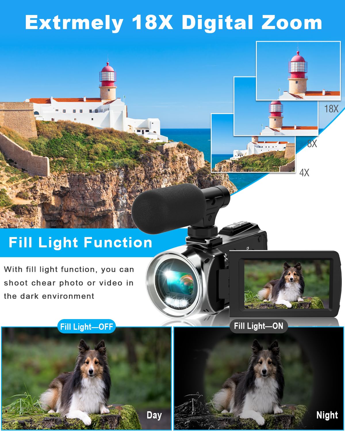 Videocamera FHD 2.7K 36MP Vlogging Camera per YouTube Videoregistratore 3 pollici 270 gradi di rotazione dello schermo Videocamere per le riprese con microfono, scheda SD da 32 GB e 2 batterie