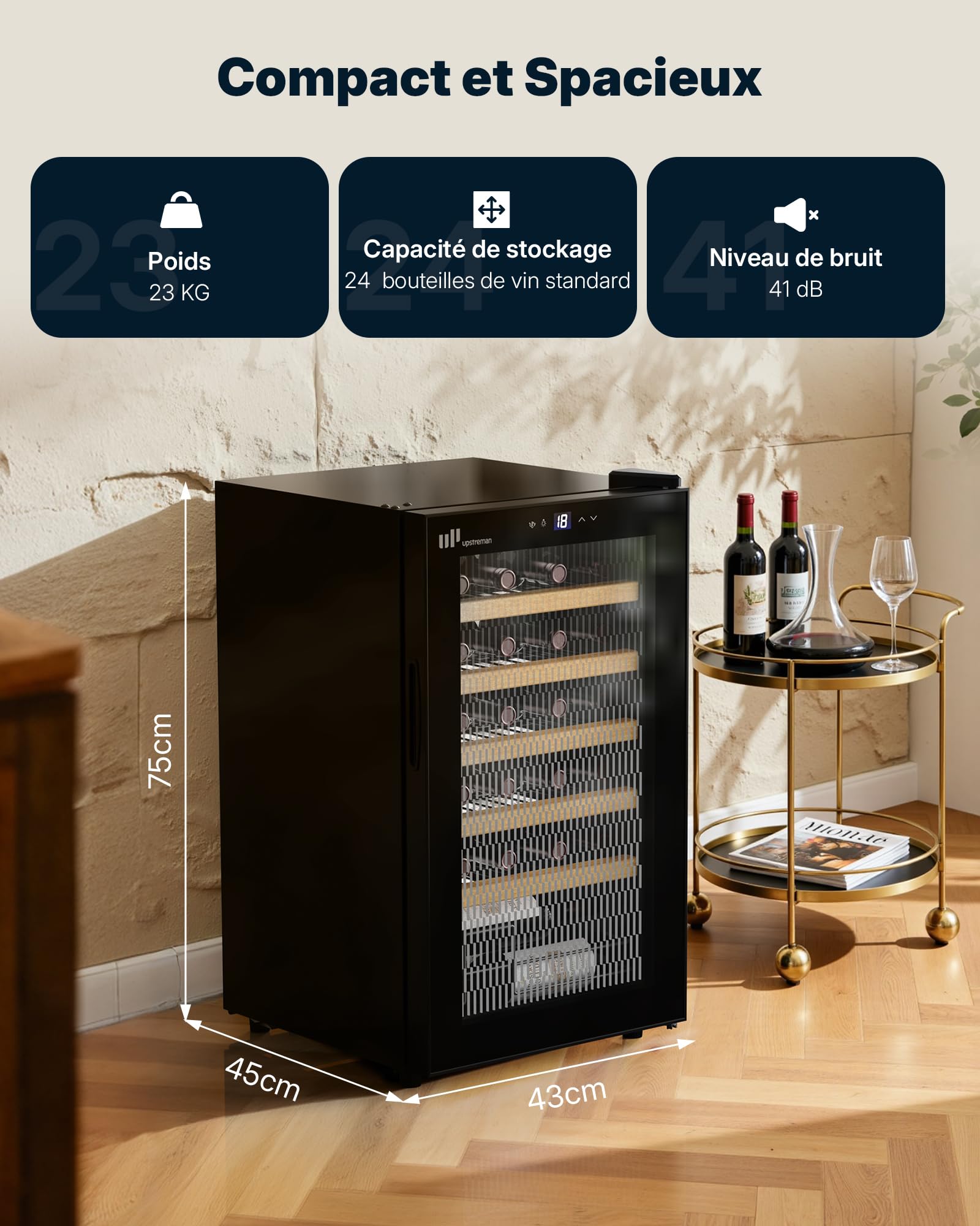 Upstreman W24 Cave à Vin 24 Bouteilles Encastrable Sous Plan Double Vitrage Écran Tactile Éclairage LED 5 Étagères Noir