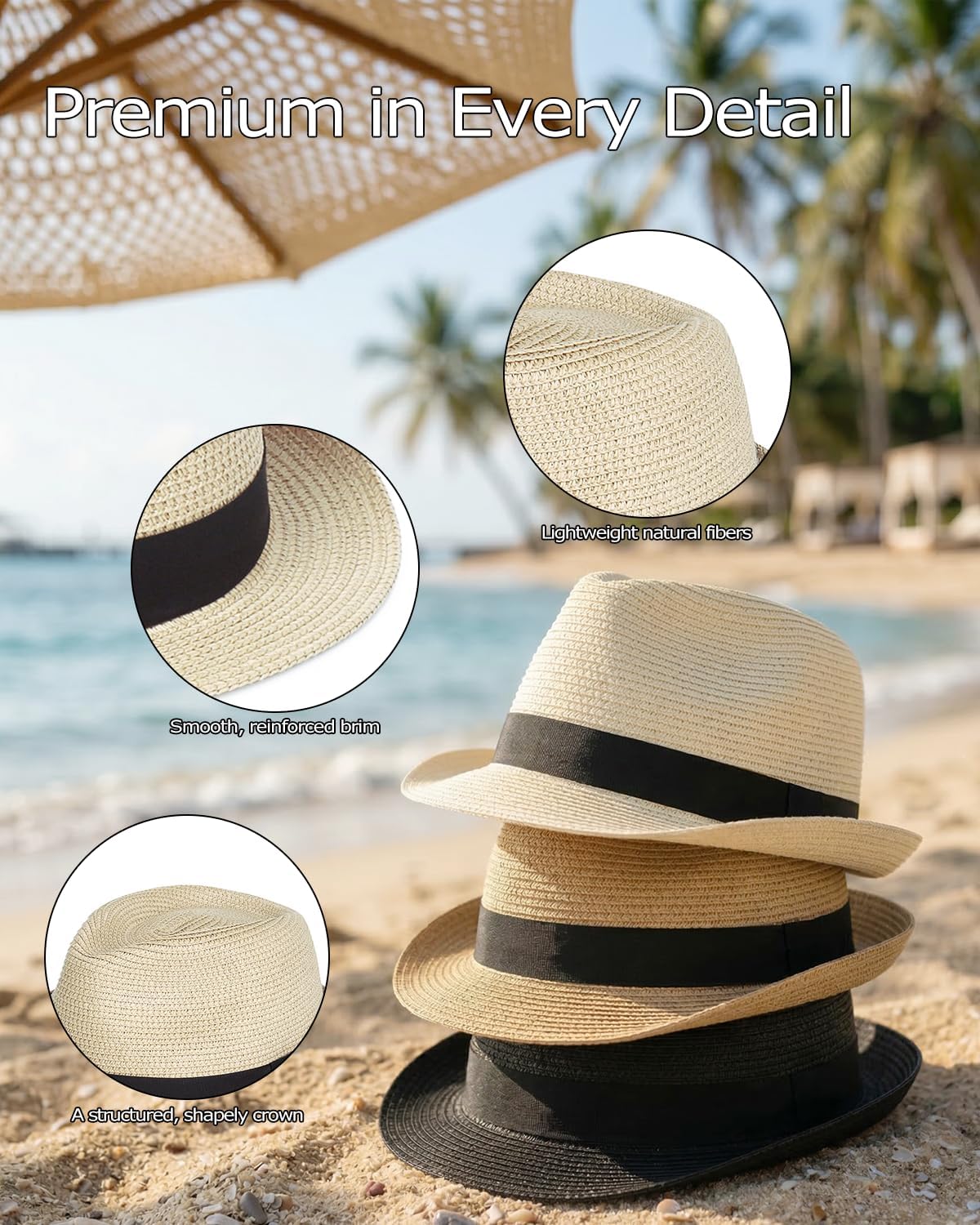 Zylioo 2XL XL L Straw Fedora Hat, Large Head Cuban Hat with Short Brim, Packable Summer Trilby Hat Hat for Beach Travel