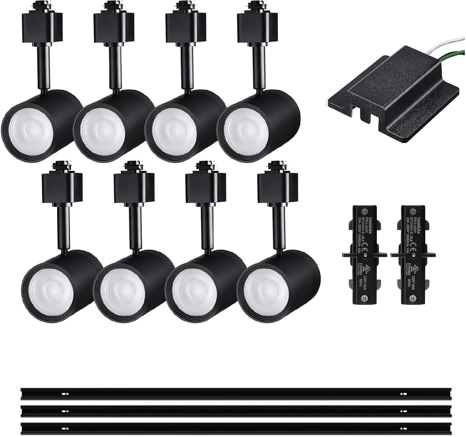 LEONLITE 8.5W 8 Lights LED Track Lighting Kit, (8) H Track Light Heads & 12FT Track Rail & (2) I Connectors & (1) Floating Canopy Connector, ETL, CRI90, 36° H Track Light, 2700K Soft White, Black