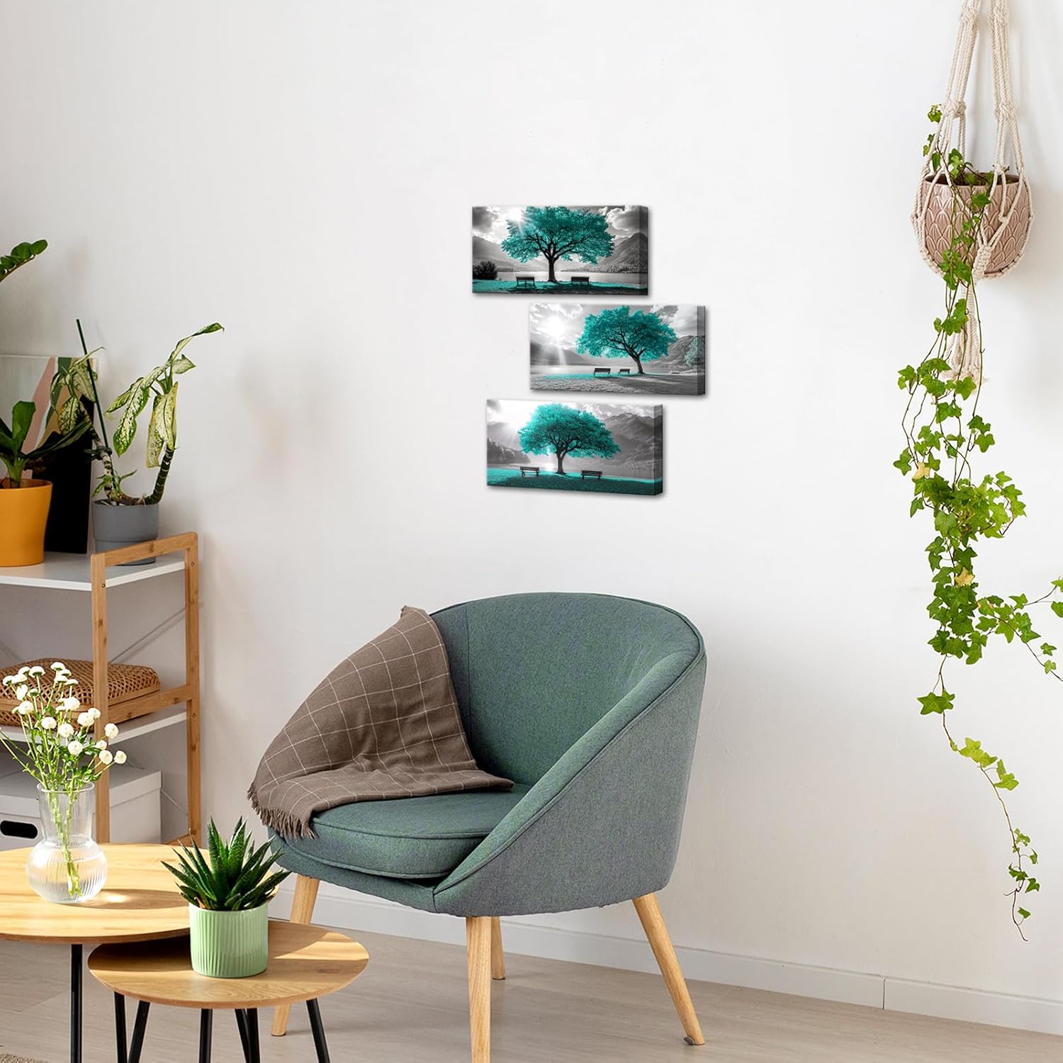 seteuret Teal Tree Wall Decor, Abstract Landscape Wall Art - Teal and Grey Modern Home Decor for Bathroom Living Room, 8"x16", 3Pcs