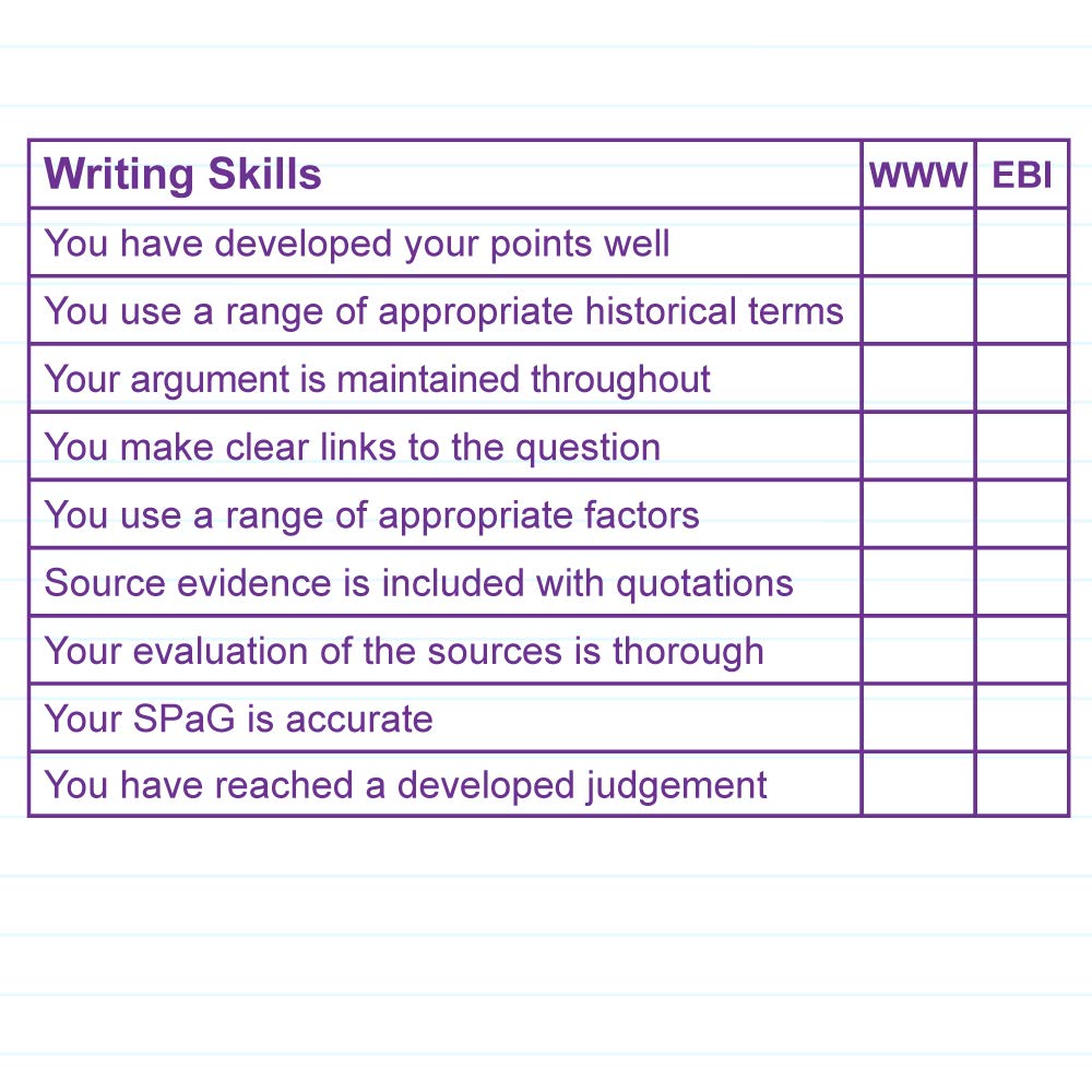 History Writing Skills EBI / WWW, Key Stage 3 Teacher Stamp - Large Format 11x6cm. Choice ink colour (Violet Ink)*